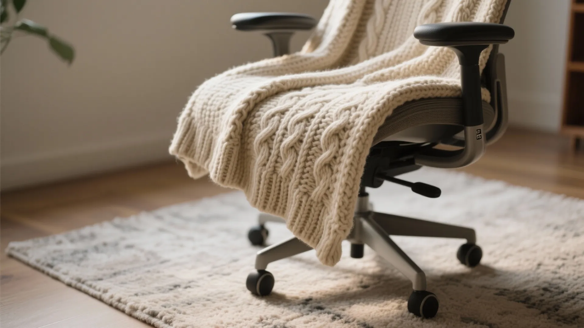 Cozy office chair with cream knitted blanket on patterned rug in a bright room setting