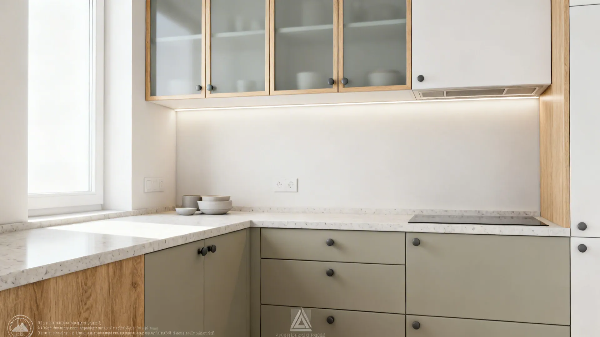 Pale grey-tinted glass cupboard doors with light oak frames in a small Scandinavian kitchen.