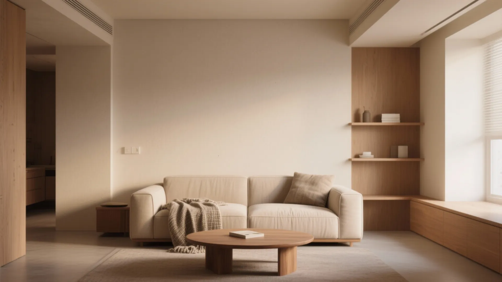 Minimalist living room with beige sofa round wooden coffee table built in shelves and window