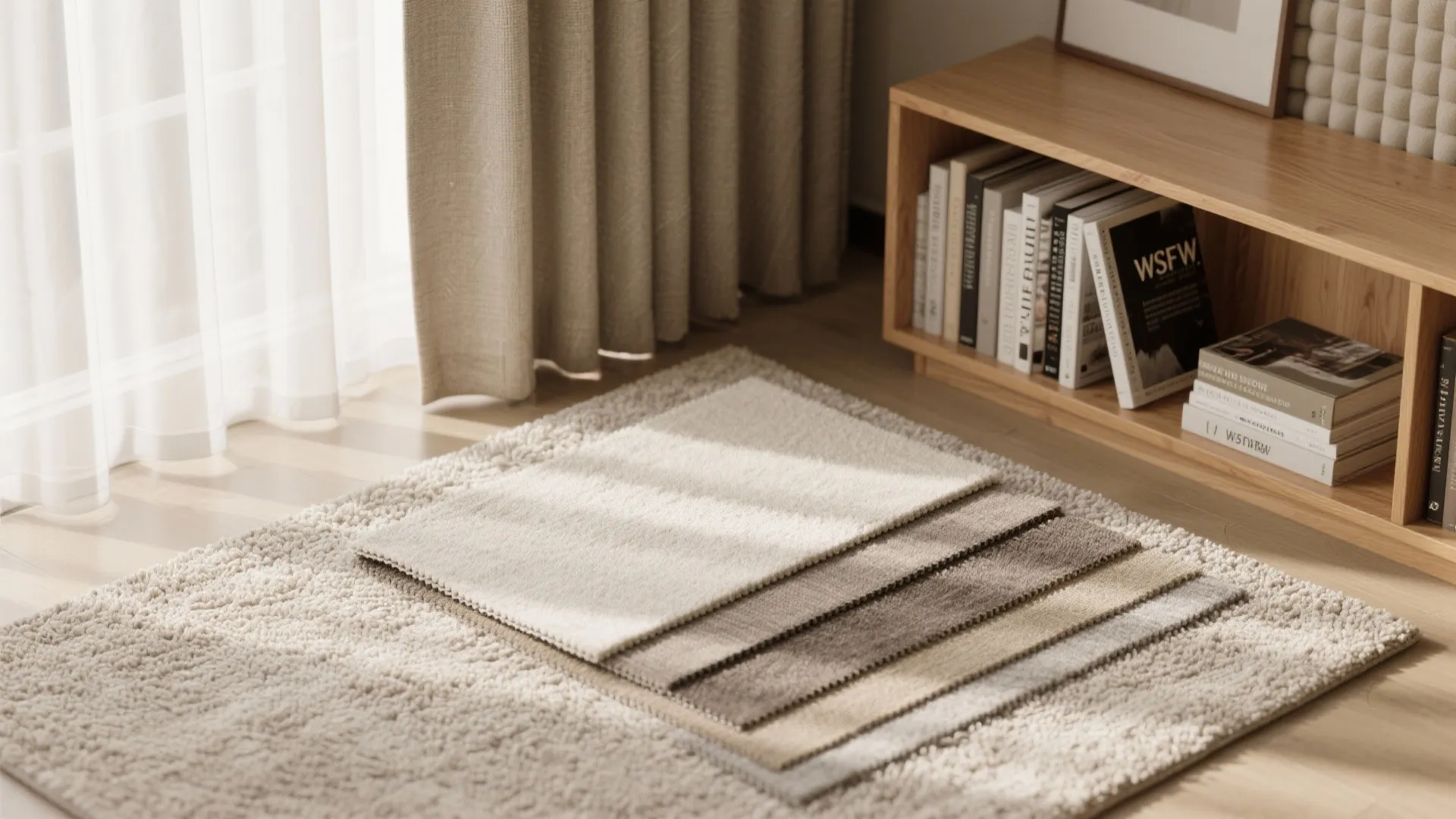Flat lay of dense rug, lined curtain fabric, books, and warm wood shelf finishes.