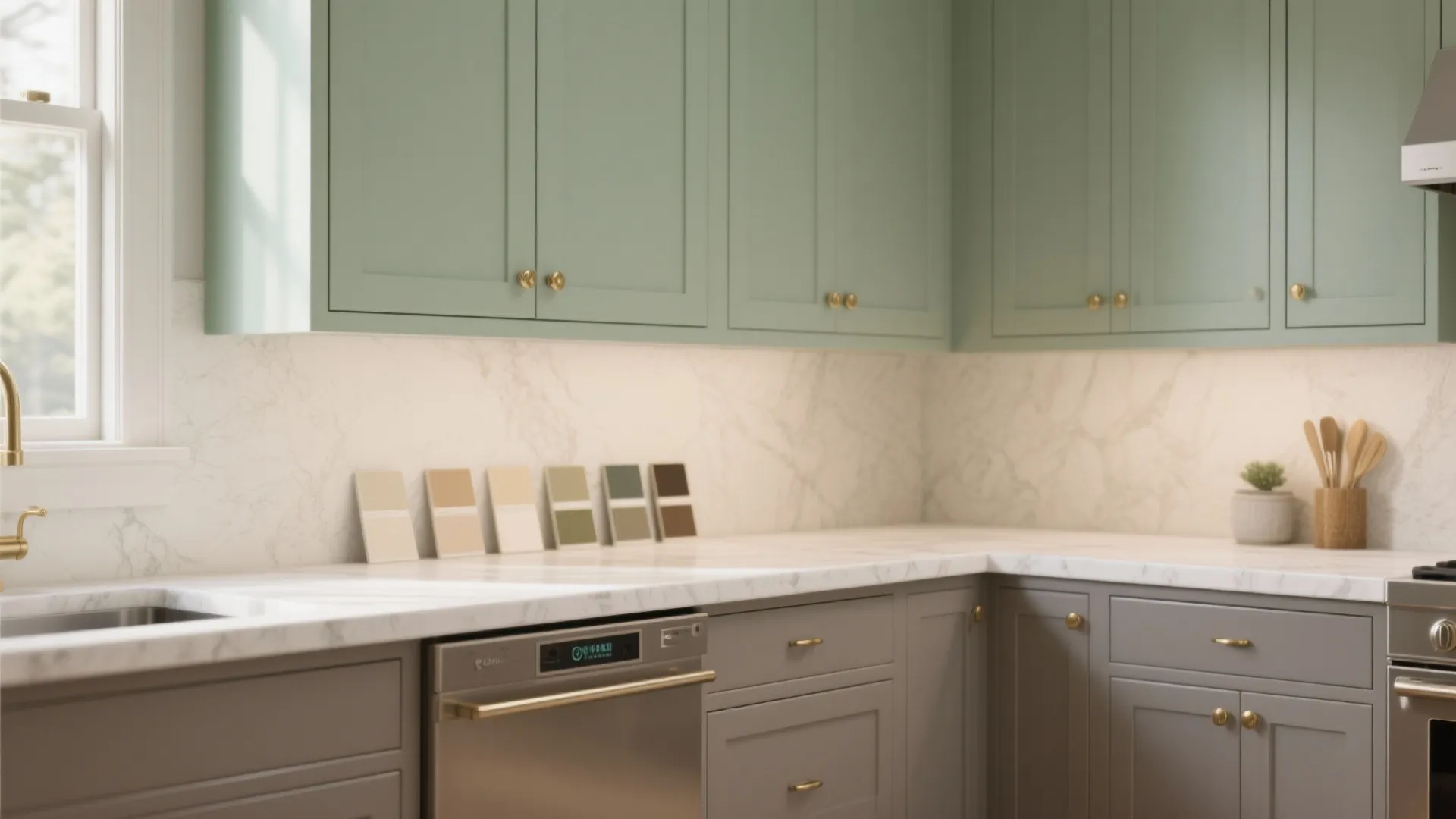 Close up of green and grey kitchen cabinets with marble countertop and small color sample cards