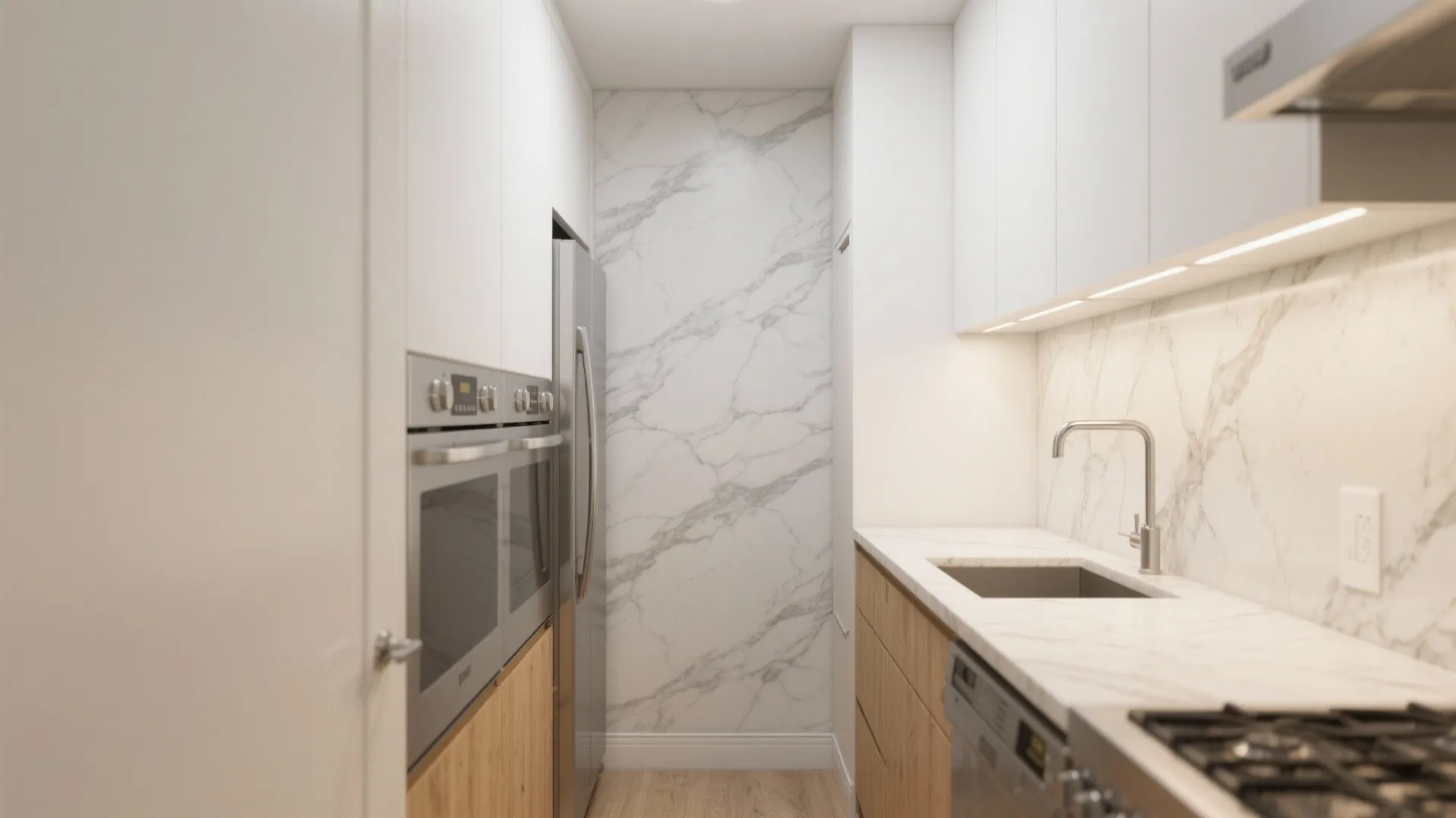 Soft-veined marble effect for compact kitchens
