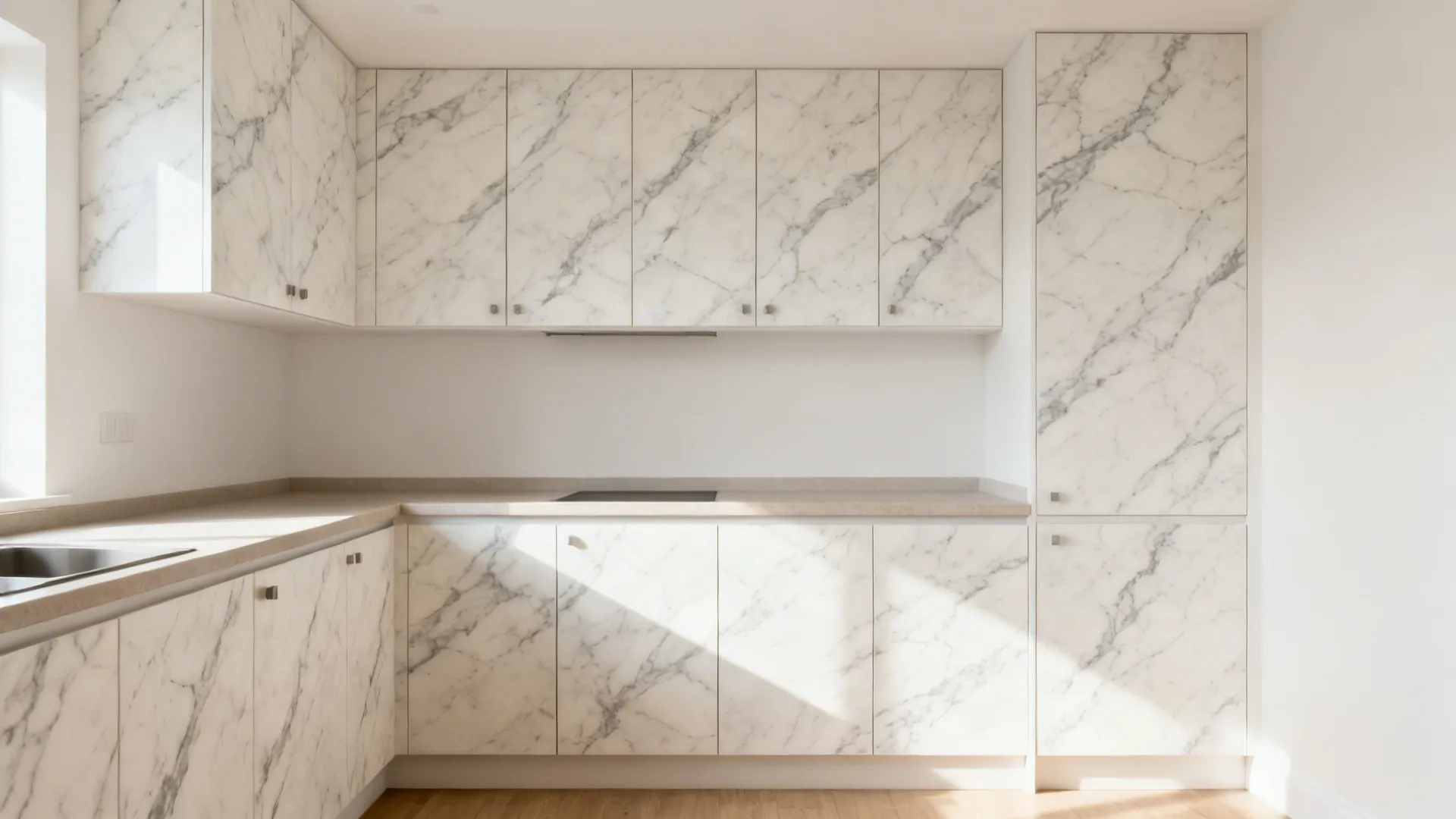 Tall doors in soft-vein digital marble laminate paired with a solid countertop.