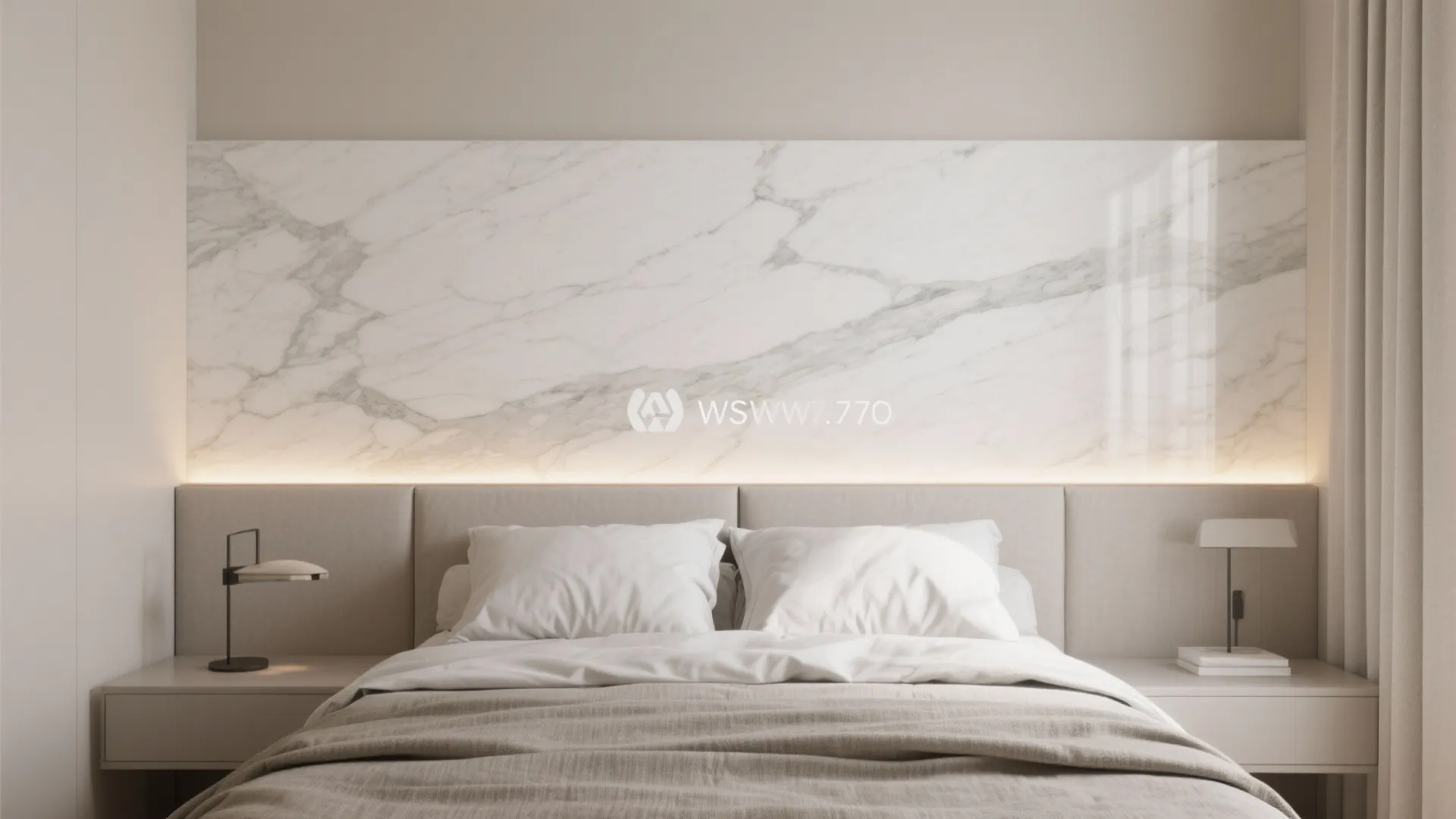 Soft-veined marble behind the headboard