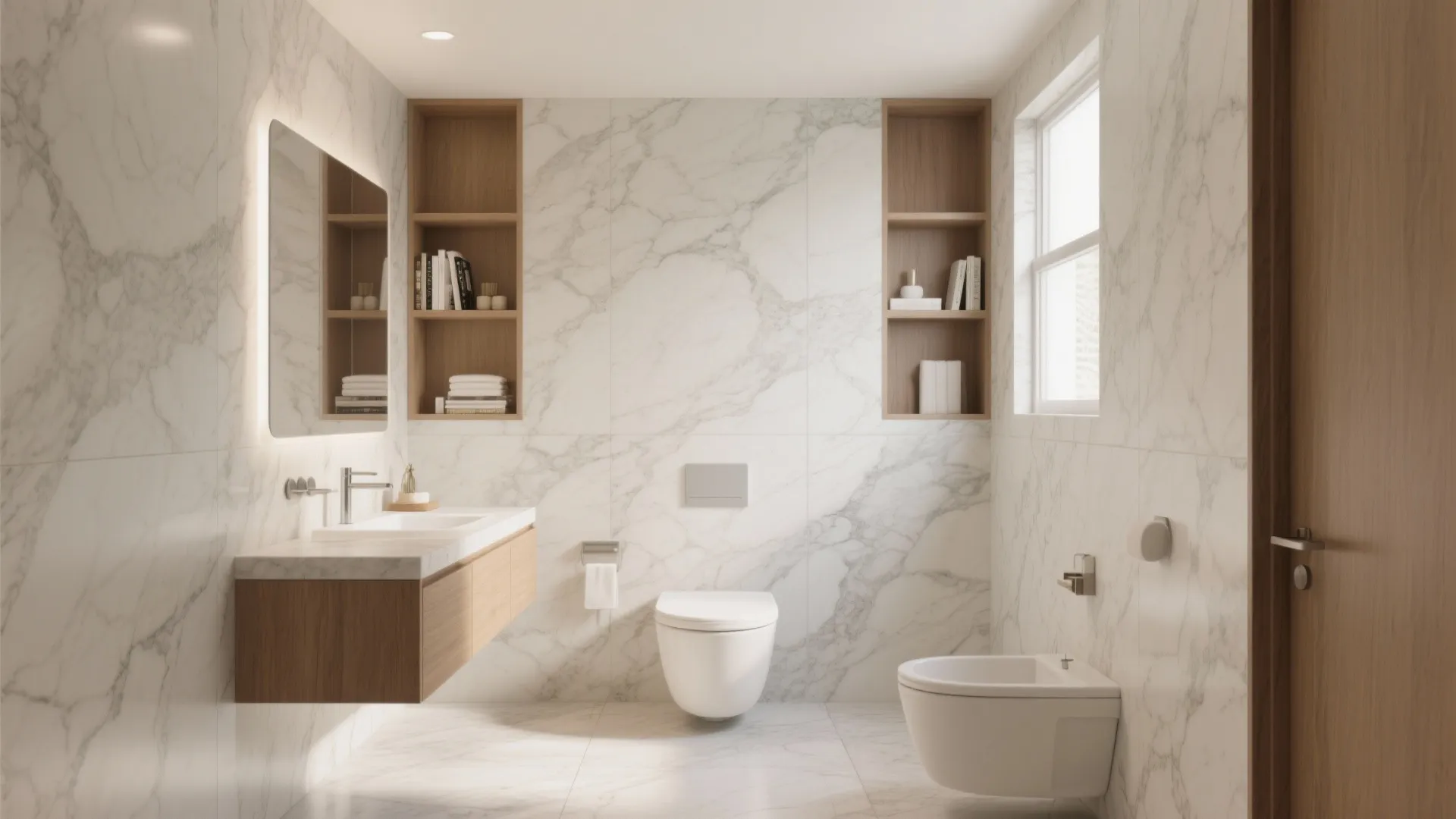 Modern bathroom with marble walls and floor featuring a wooden cabinet sink and white toilet