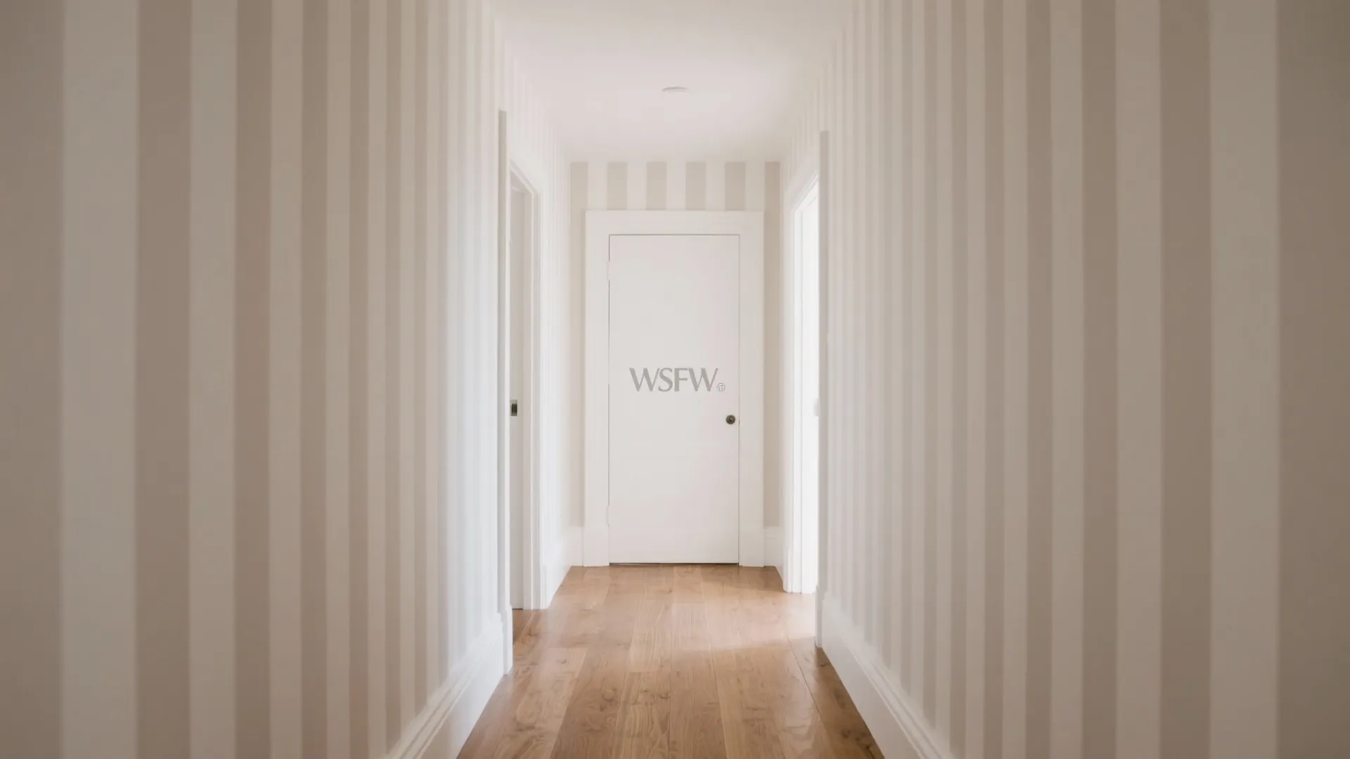 Narrow hallway with vertical striped wallpaper wooden flooring and a white door at the end