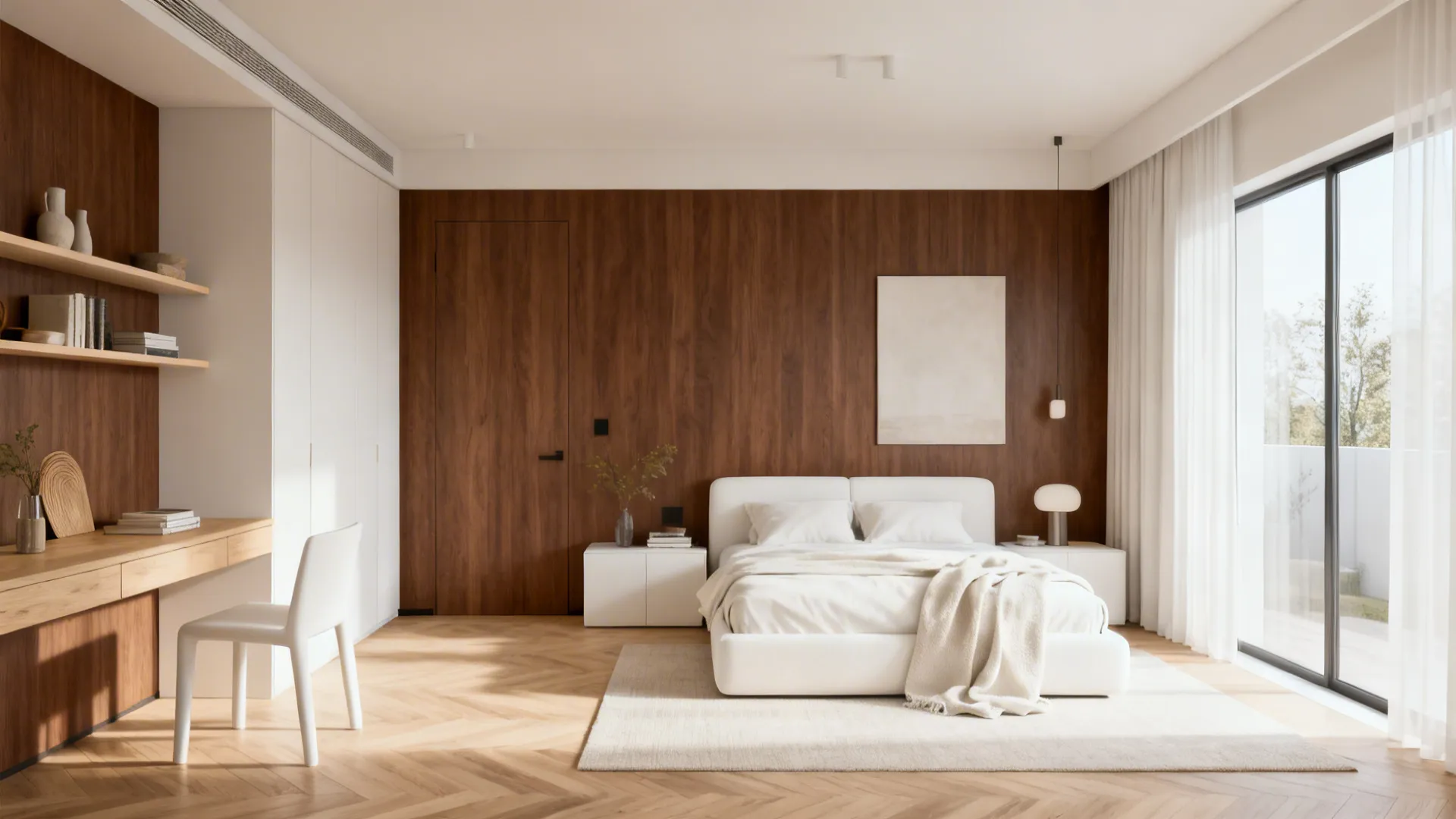 Scandinavian condo with soft walnut walls, pale wood, and white textiles for an airy warmth.