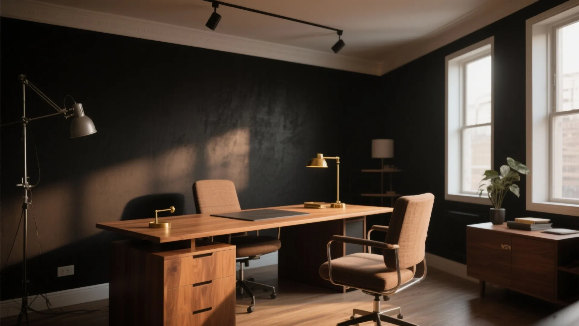 Modern home office with dark walls wooden desk brown chairs gold desk light and large windows