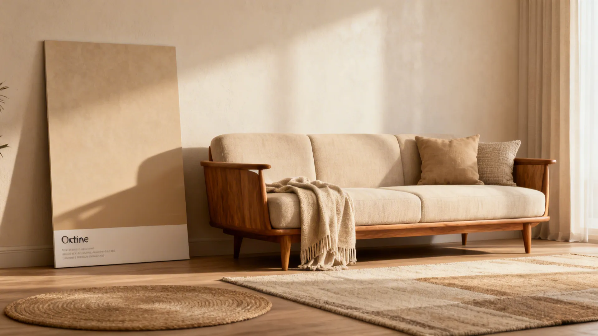 Beige sofa with wooden frame, throw blanket, pillows, and a large color board under sunlight
