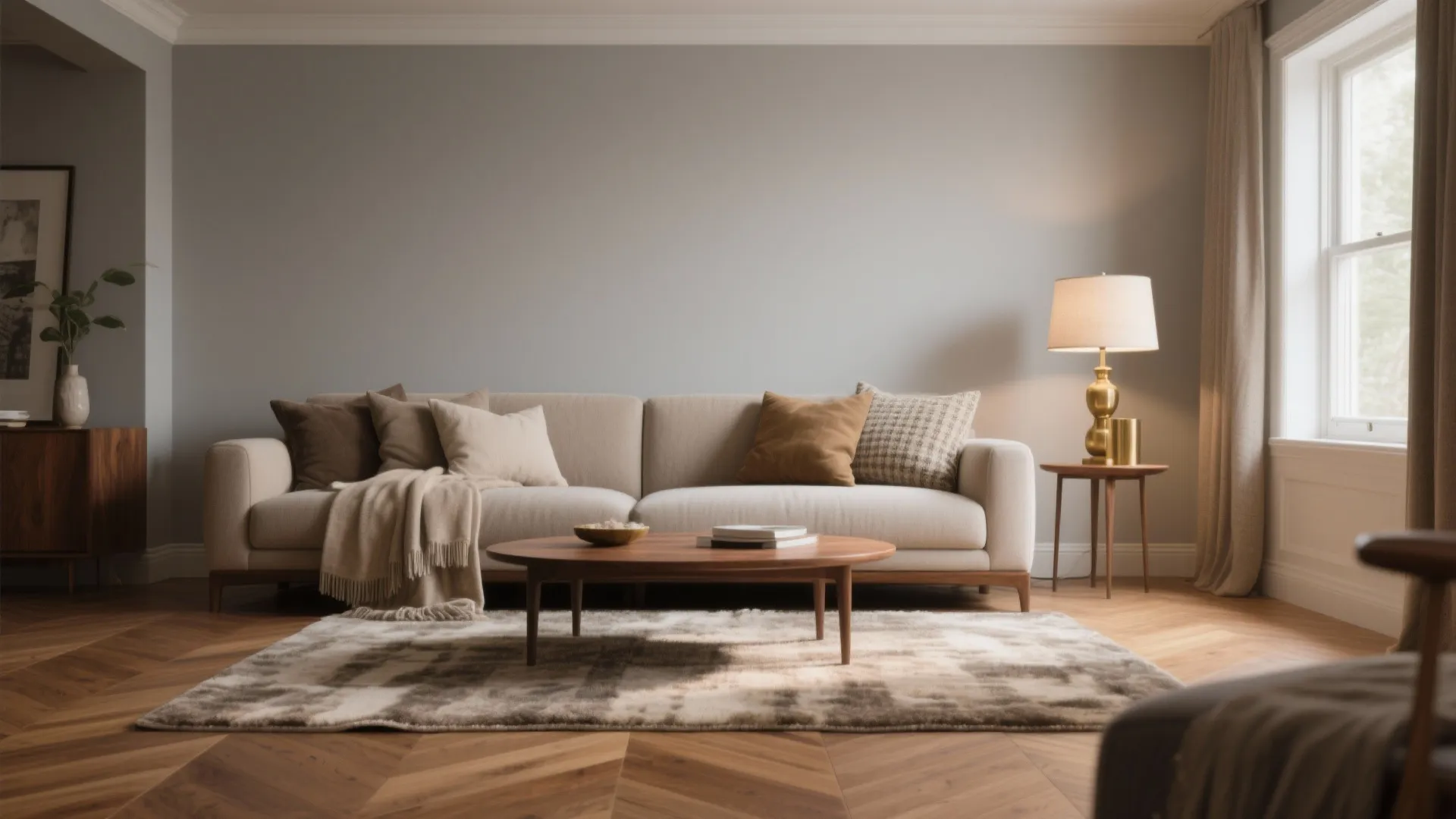 Modern living room with beige sofa coffee table wooden floor table lamp and a large window