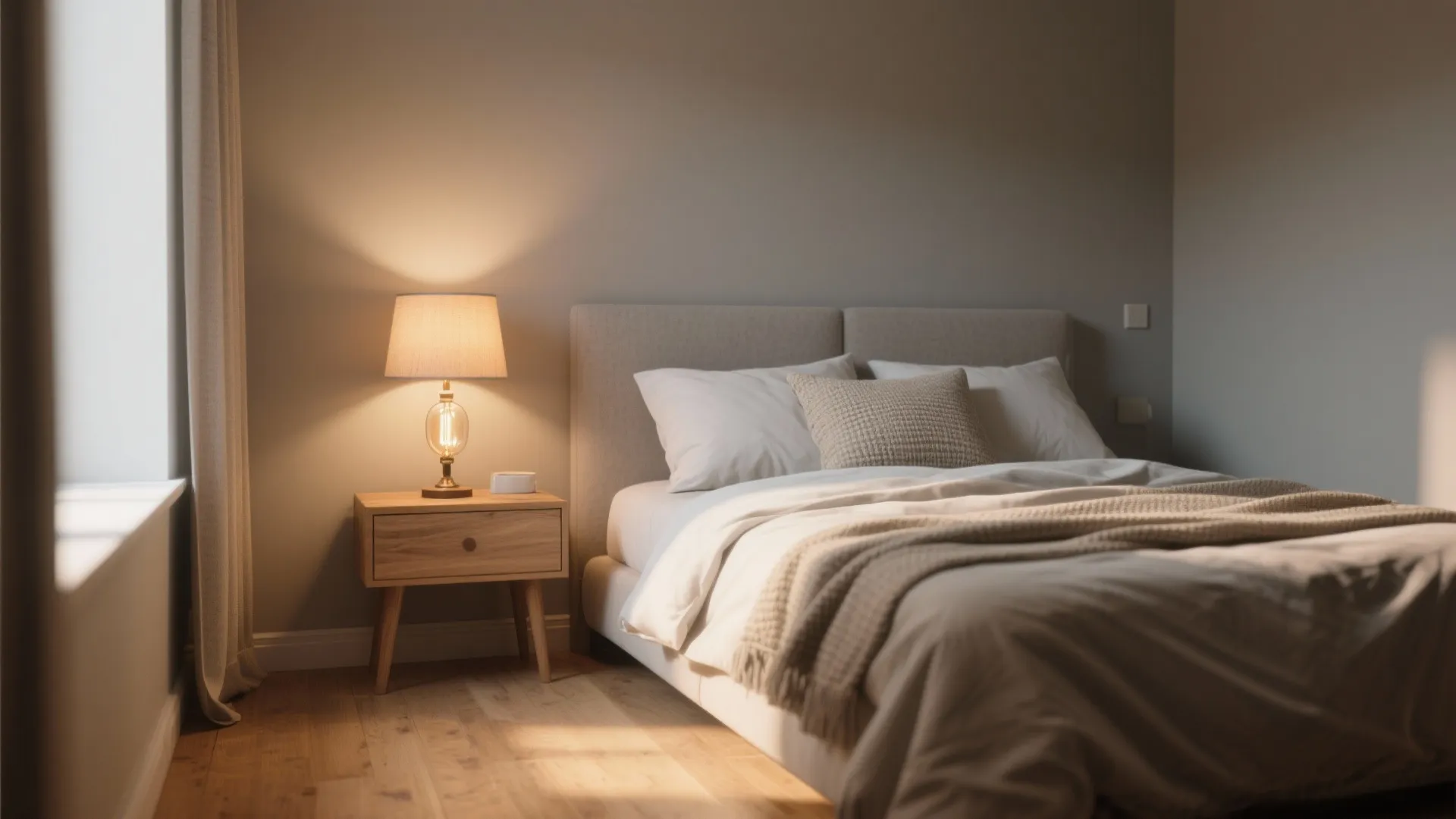 Compact bedroom with soft warm-gray walls, wood floors and warm bedding under soft lamp light.