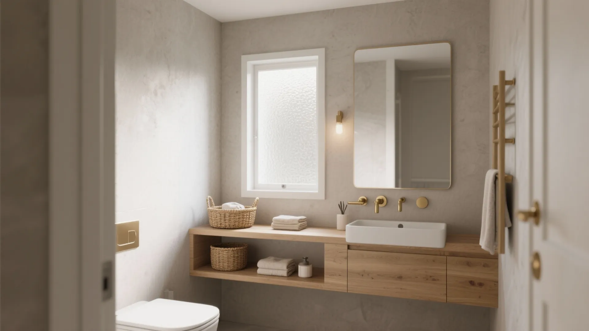 Modern bathroom interior featuring wooden floating vanity, white sink, gold faucet, mirror, and small window