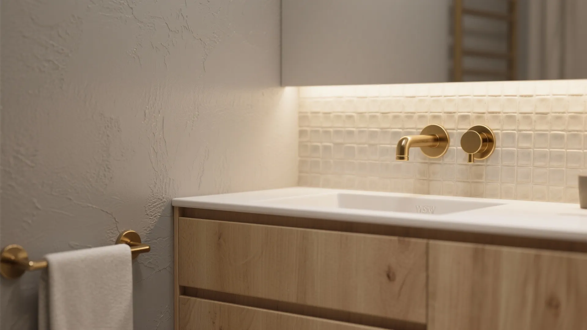 Close up of gold tap on white sink with wooden cabinet and textured wall panel