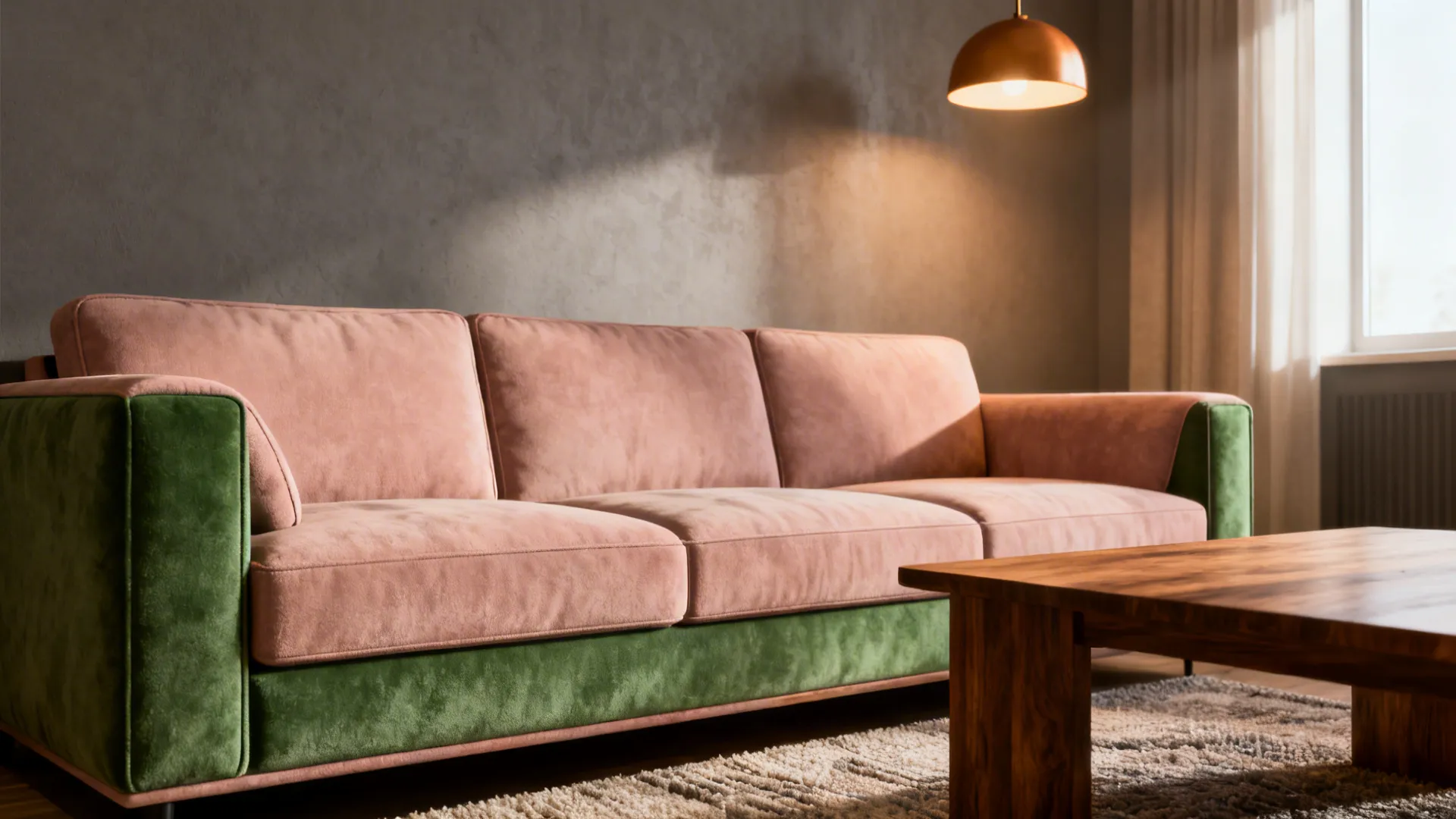 Seating area with a warm soft-gray wall behind a sofa, warm wood tones and blush-green accents.