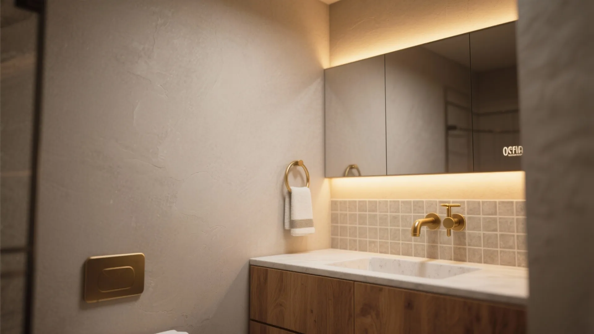 Warm bathroom interior with wooden cabinet gold faucet marble countertop and large mirror with lighting