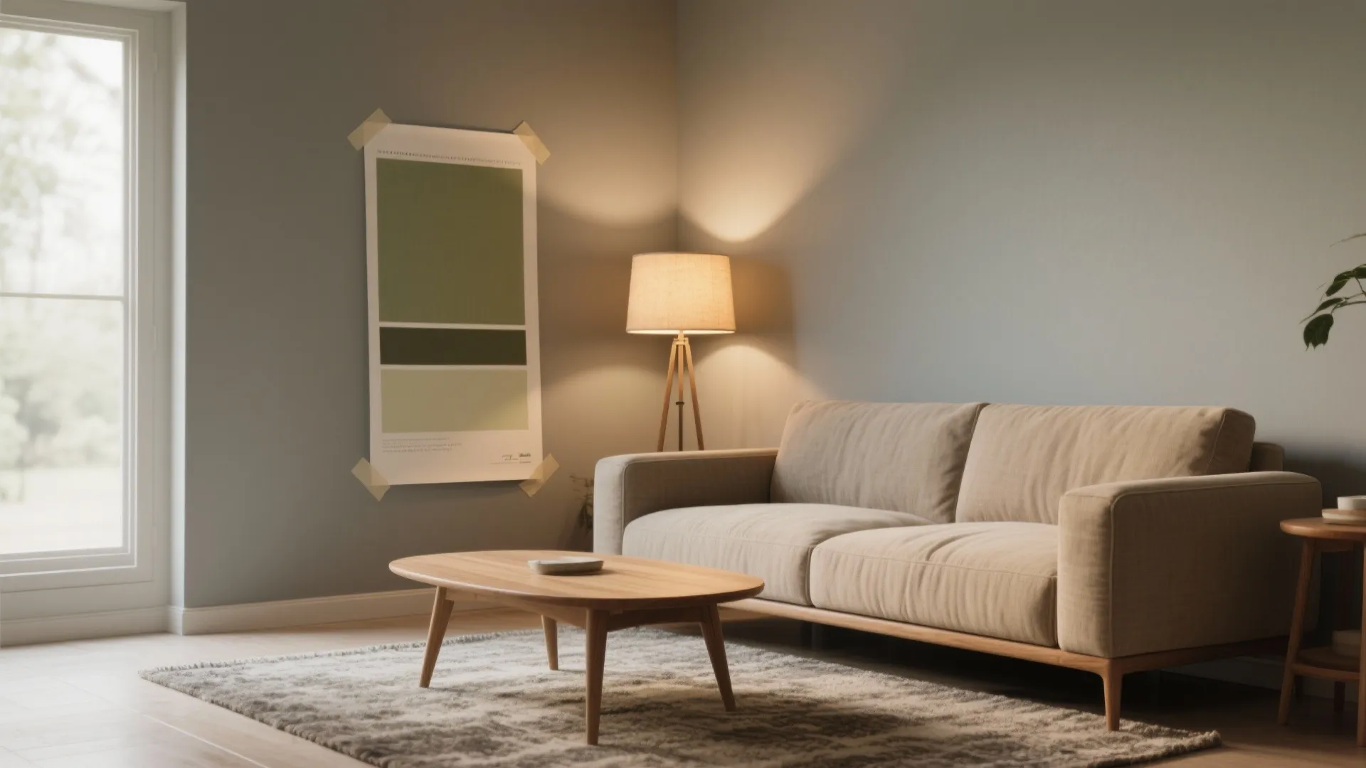 Cozy living room with soft warm grey walls, oak furniture, textured textiles and a warm lamp highlighting undertones.