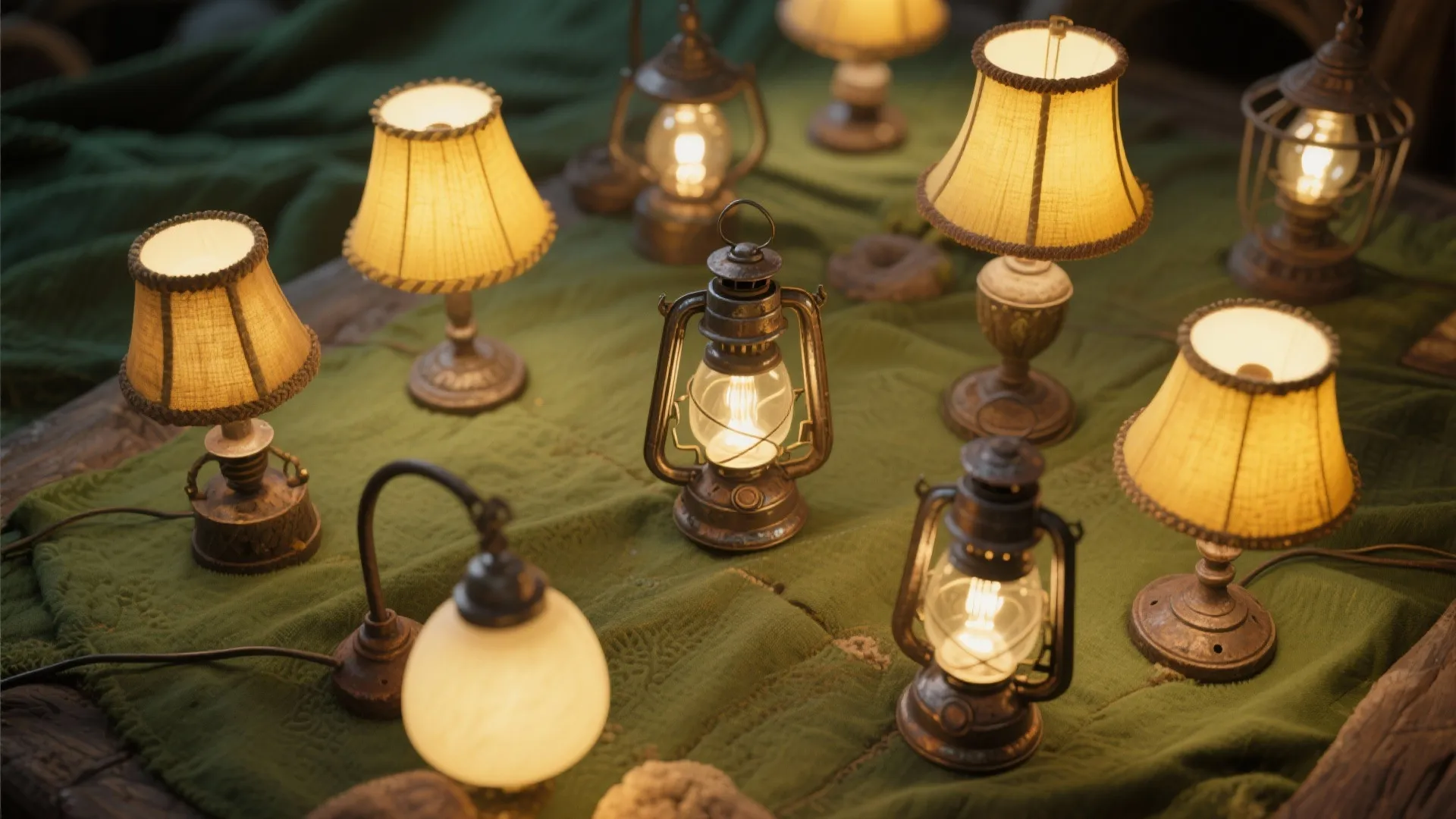 Collection of various vintage table lights and lanterns providing soft warm light on green cloth