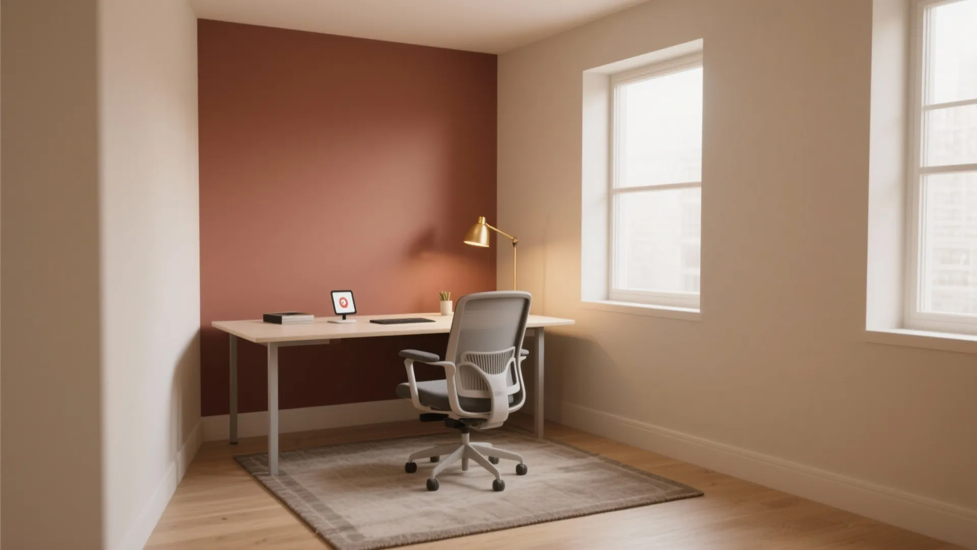 Home office with terracotta accent wall white desk grey office chair rug and natural light