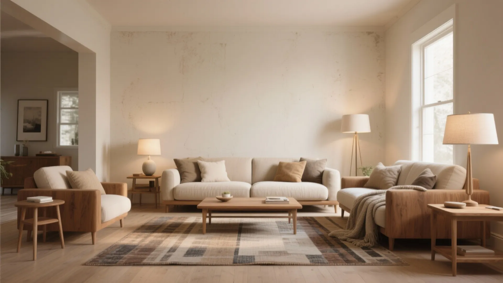 Warm living room interior design with light beige sofas wooden coffee table and floor lamps