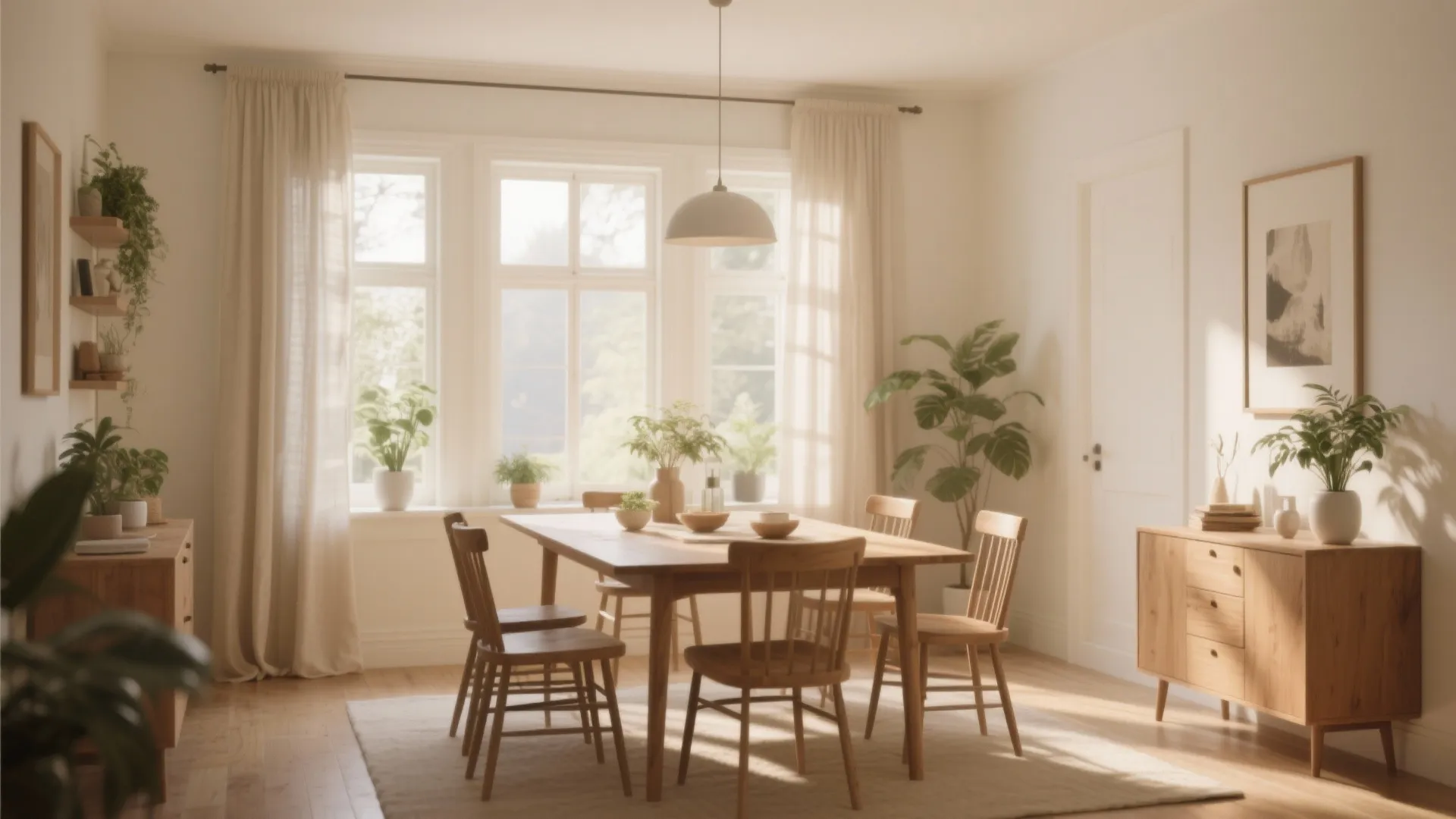 Bright neutral dining room with wooden table chairs white curtains many green plants and natural light
