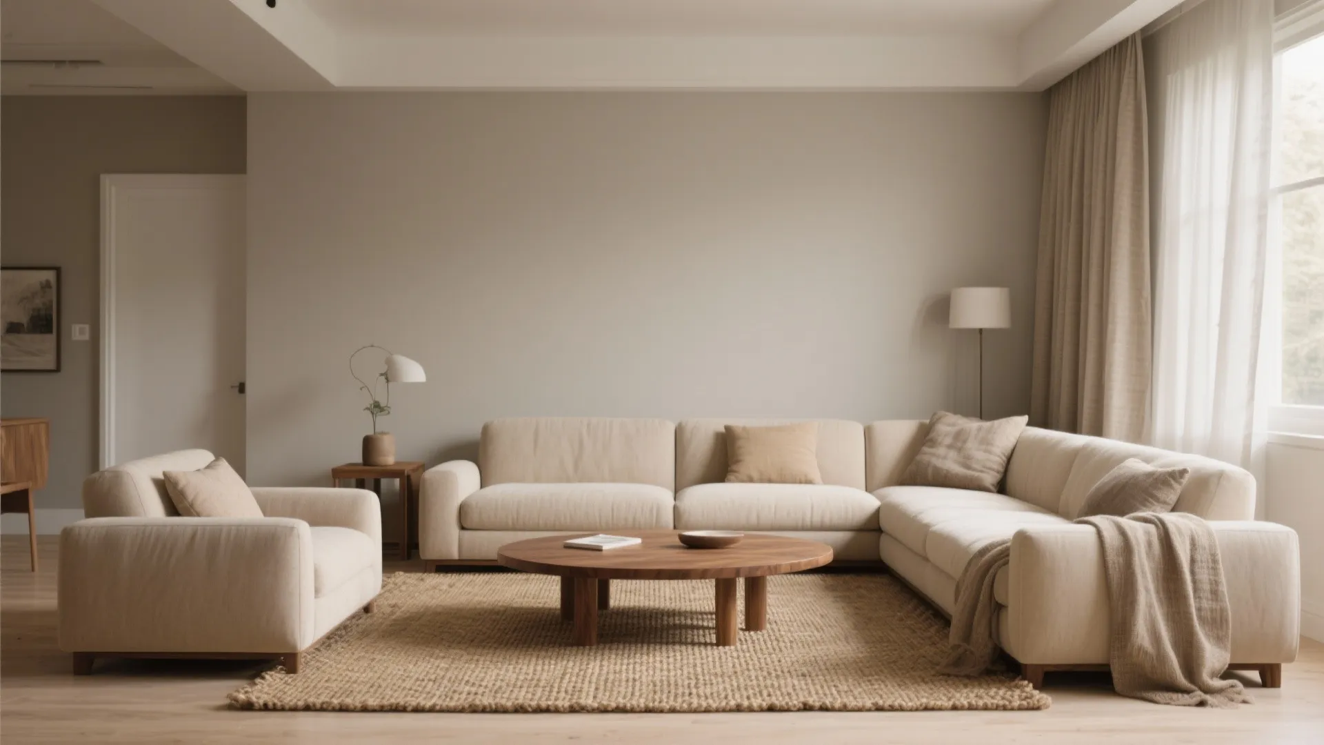 Cream sofa and wooden coffee table on a rug inside a minimalist neutral living room