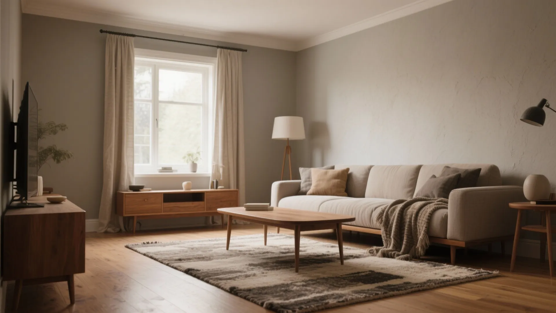 Cozy living room with warm greige walls, wooden furniture and layered textiles