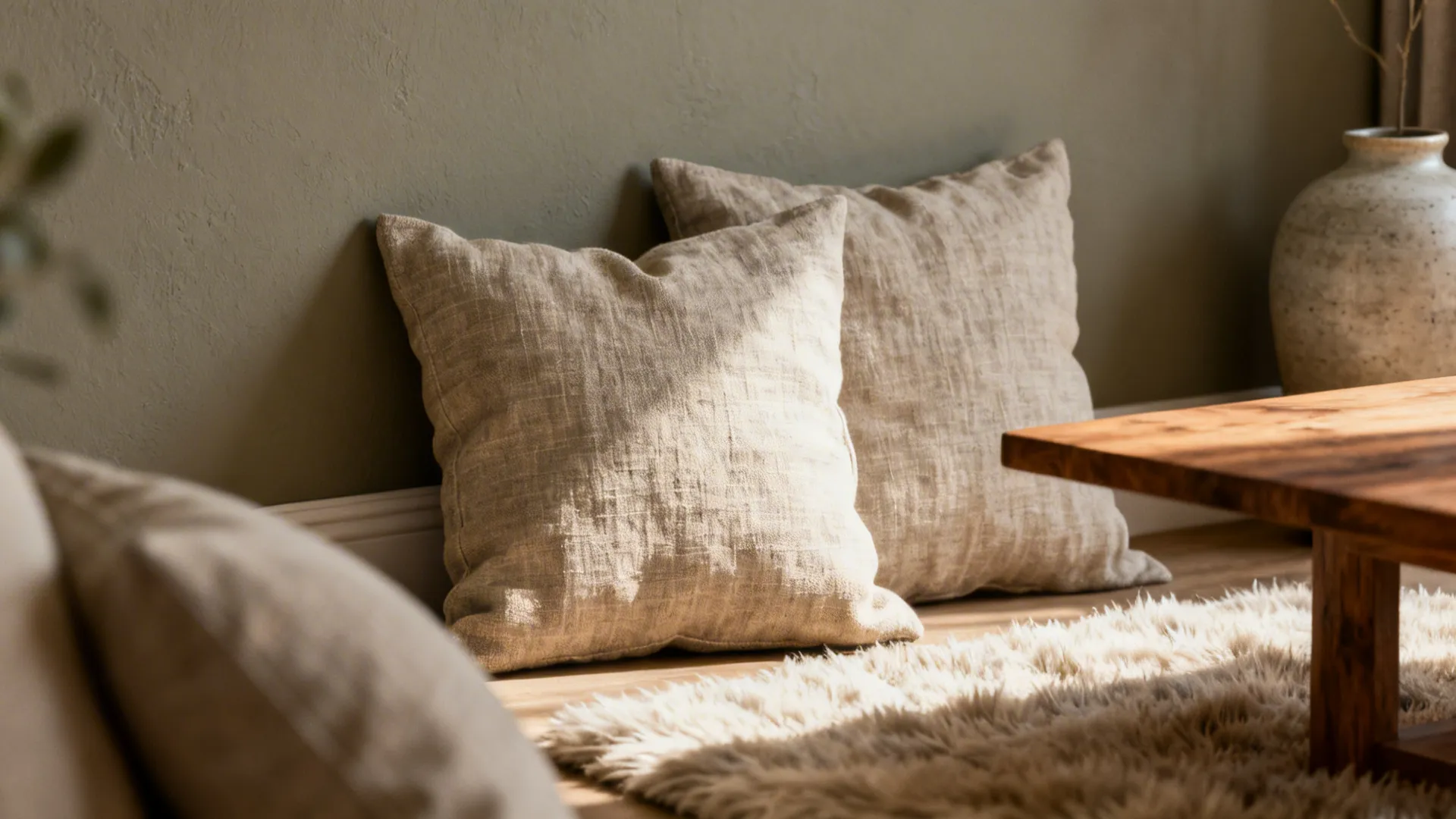 Greige wall detail with linen cushions, wood table and soft rug in natural daylight.