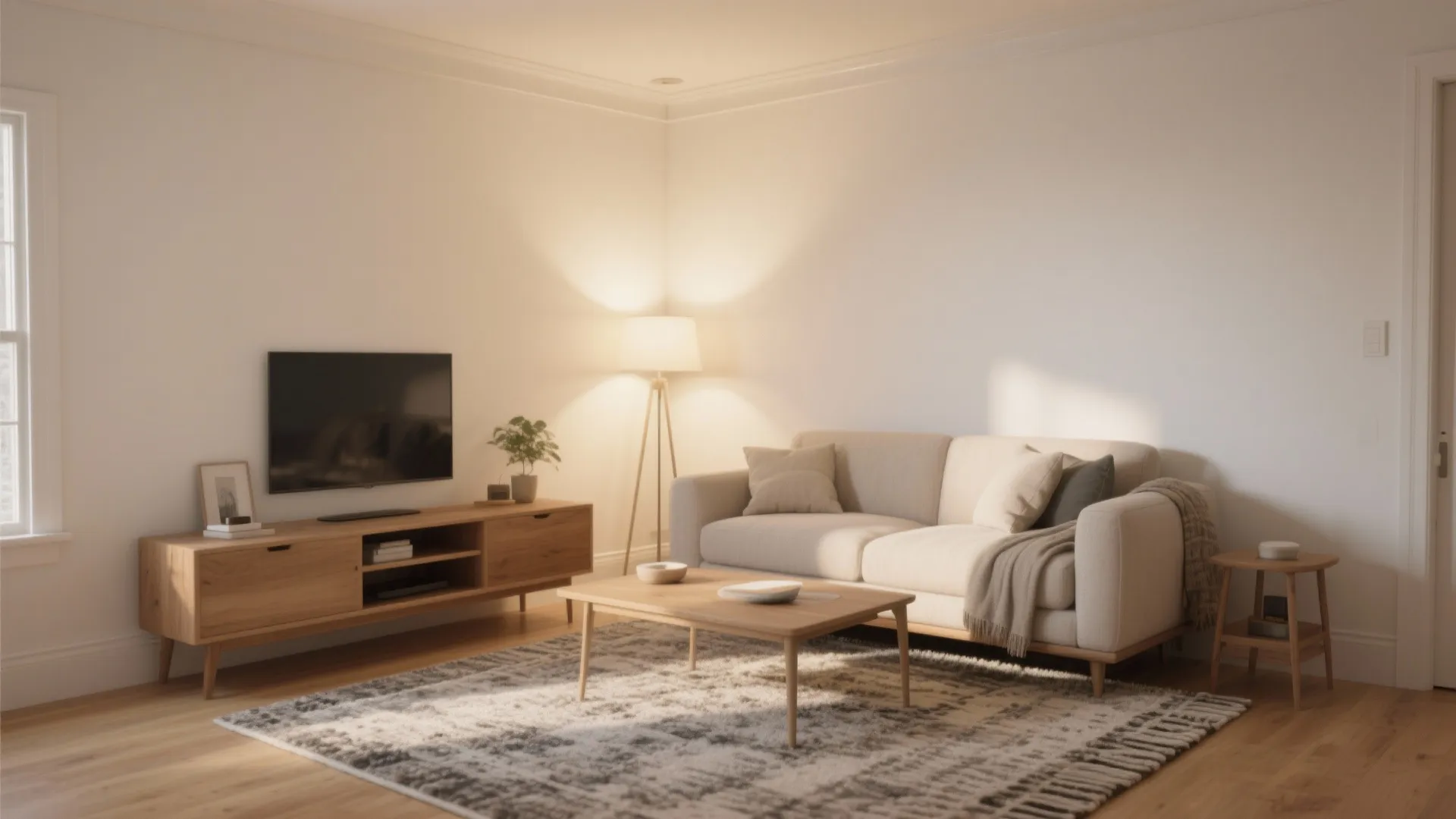 Warm living room with cream sofa wooden cabinet television floor lamp and patterned rug in sunlight