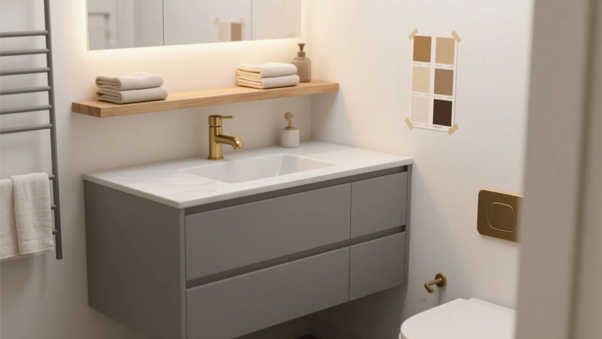 Bathroom with gray vanity and soft warm white walls with oak shelf and brass fixtures.
