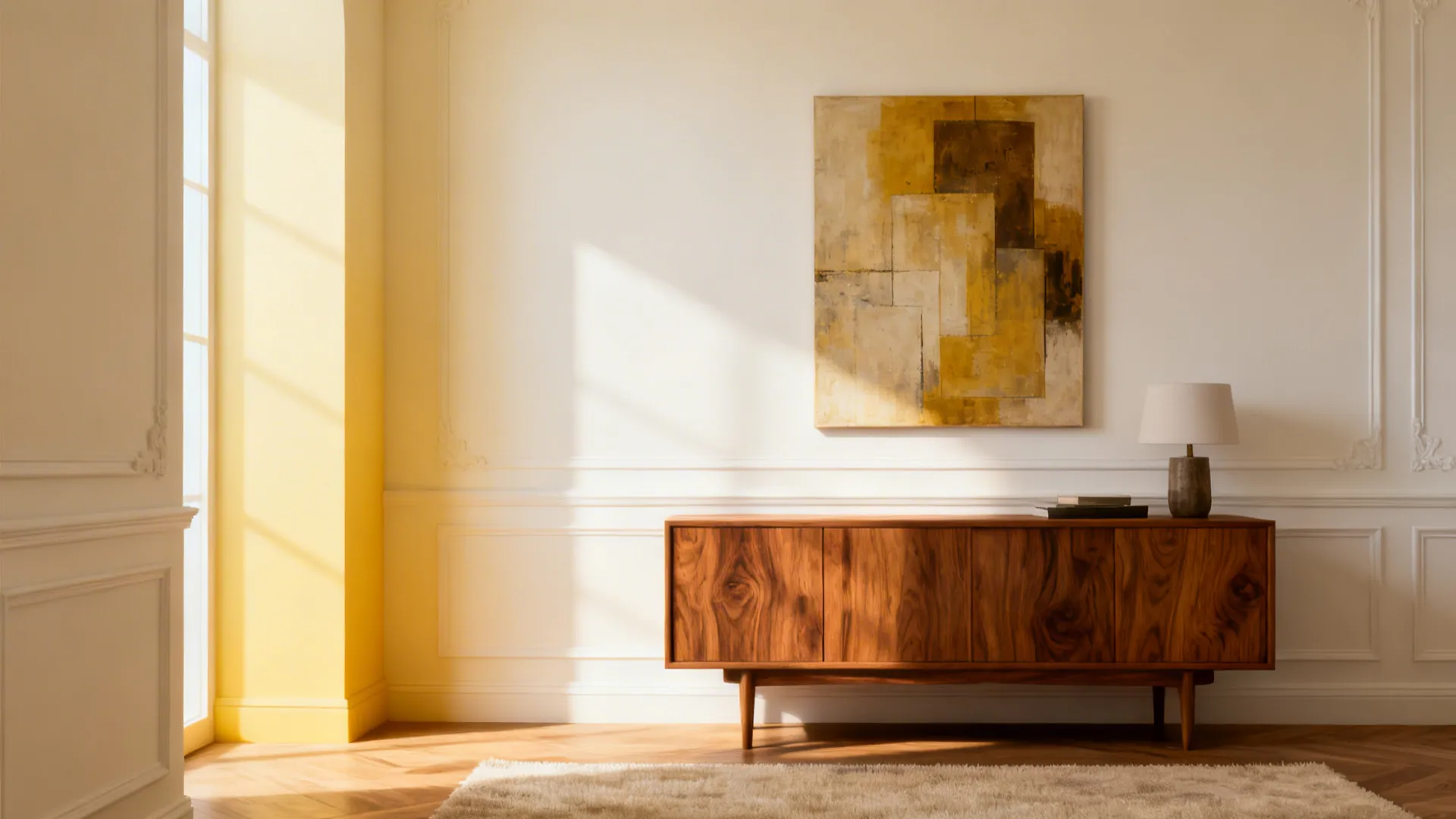 Small living room with soft warm white walls, warm wood furniture and a statement art piece.