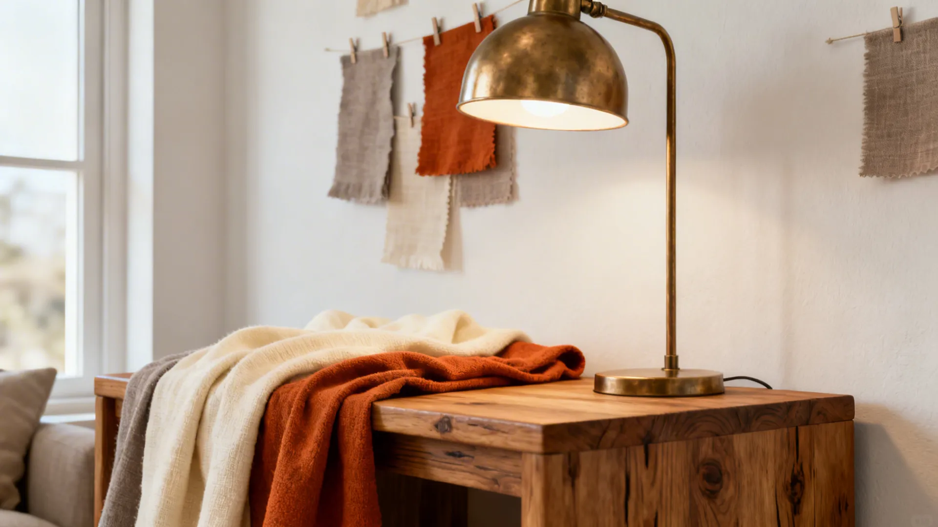 Corner detail with soft warm white walls, wood side table and warm lamp