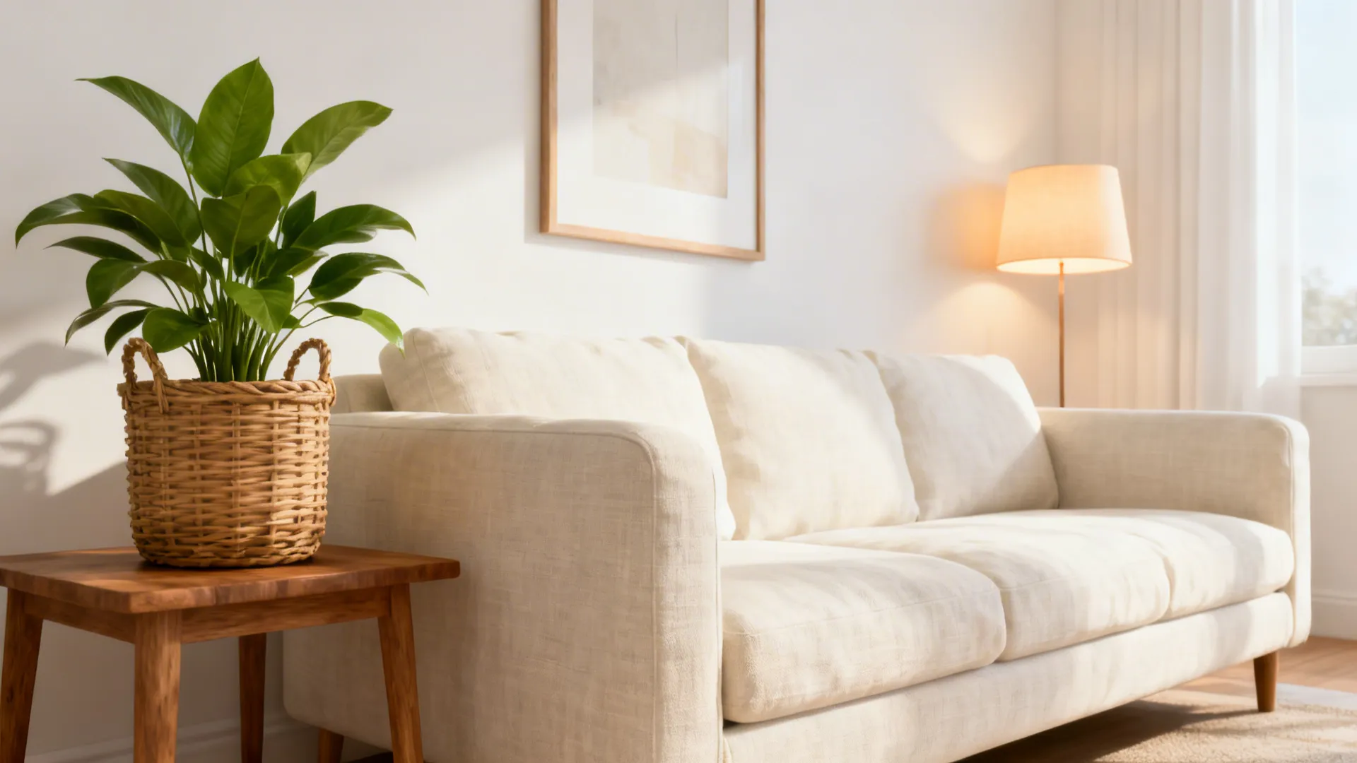 Compact living room corner painted soft warm white with linen sofa and wood accents.