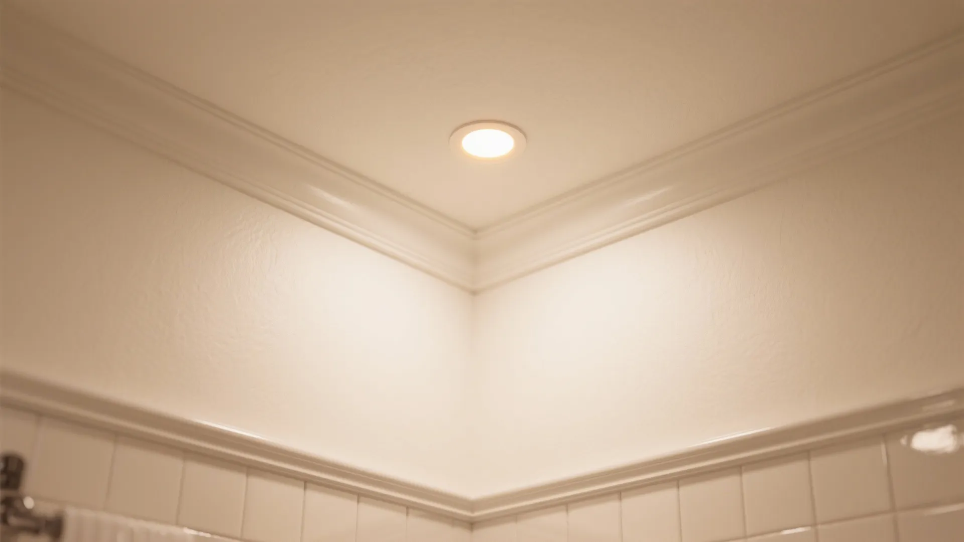 Close up of bathroom ceiling with small recessed light fixture and white wall panel molding
