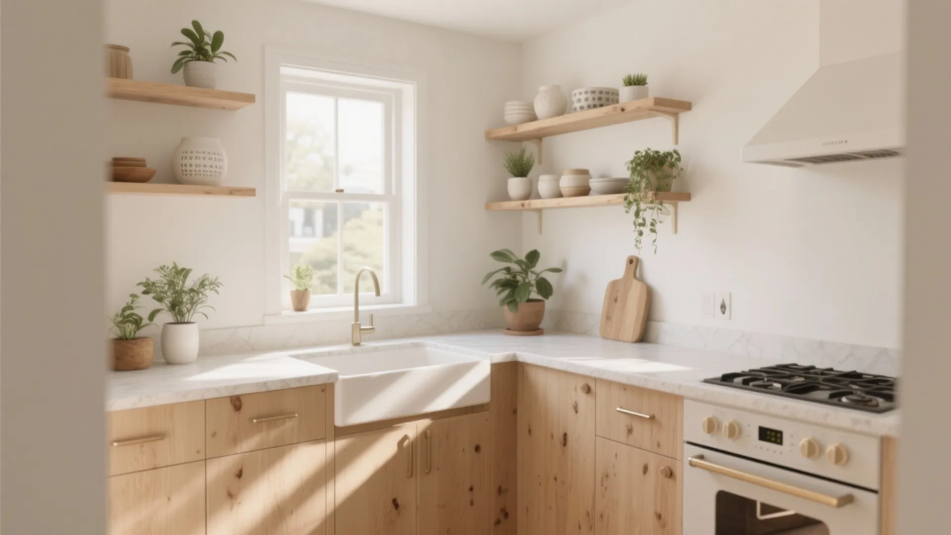 Bright kitchen with wooden cabinets white sink marble countertop open shelves plants and a window