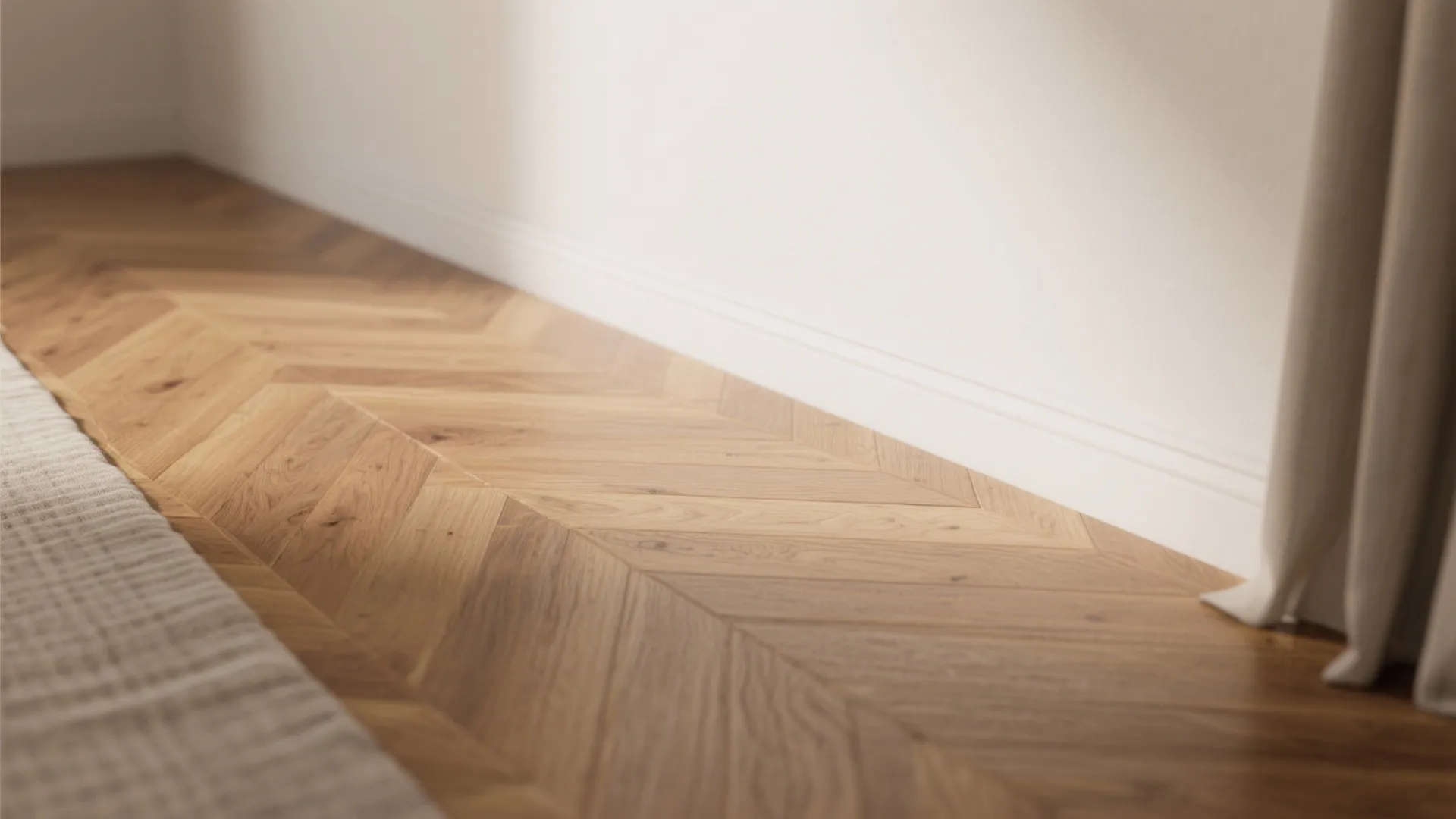 Close-up of oak floor and soft warm white wall showing warm reflection and texture