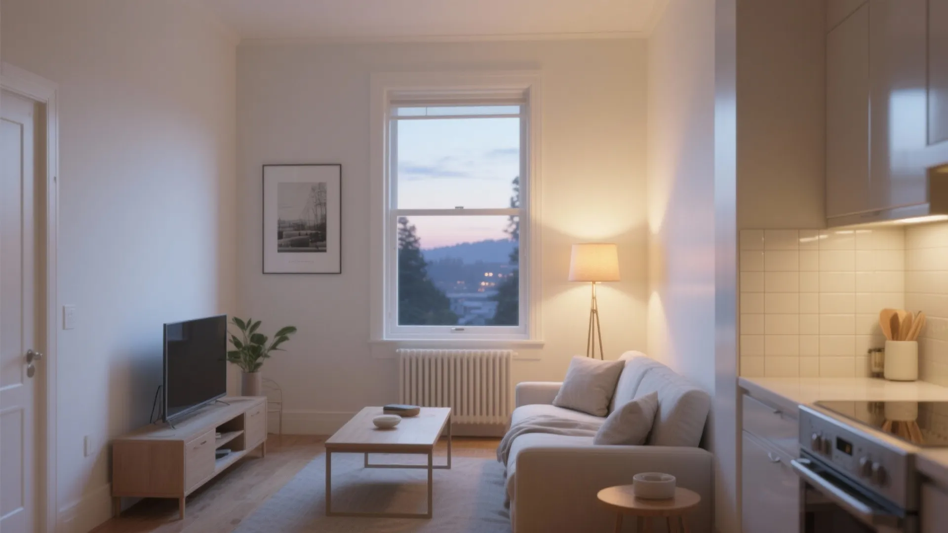 Small cozy living room at sunset with grey sofa wooden coffee table and window view