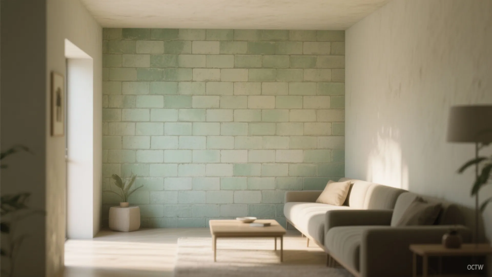 Minimalist living room with green brick wall beige sofa wooden coffee table and soft sunlight