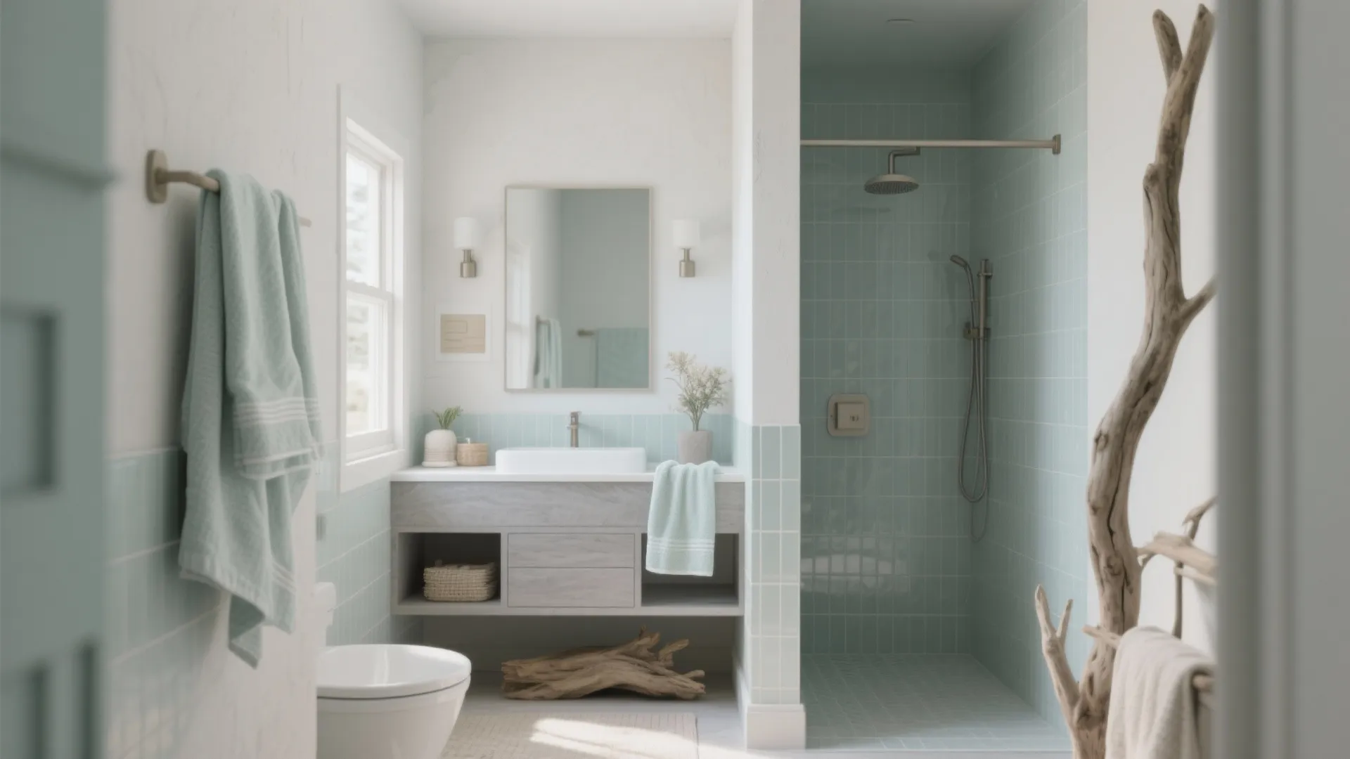 Bright bathroom interior with light blue wall tiles grey cabinet white sink and walk-in shower