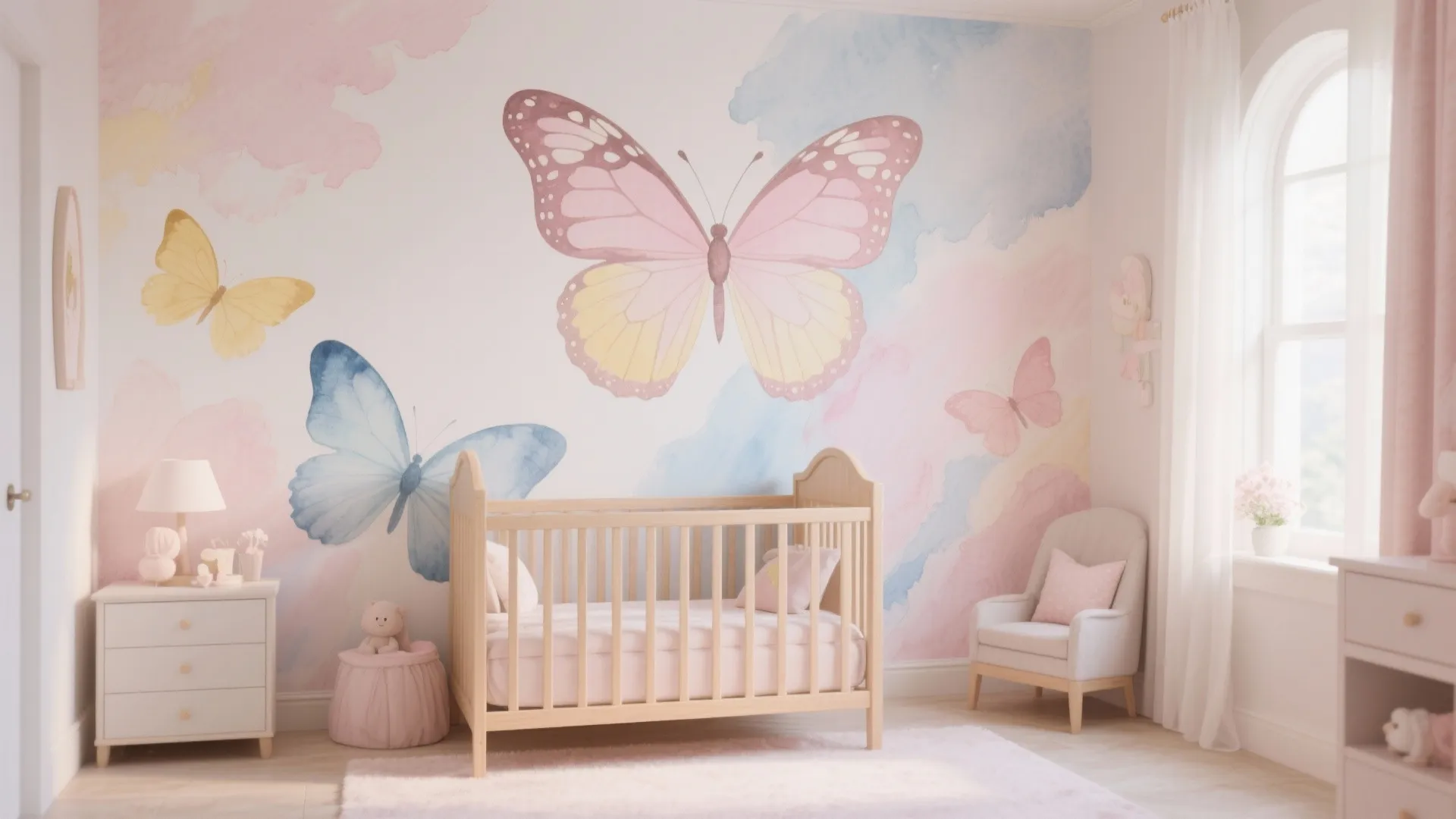 Nursery room with wooden baby bed pink chair and large watercolor butterfly wall stickers design