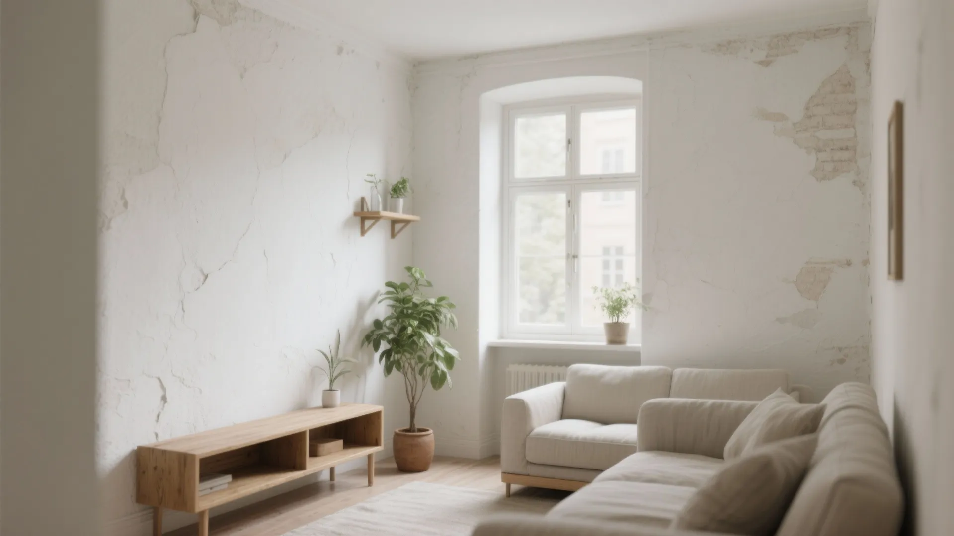 Small living room with thin tinted soft white limewash walls showing a subtle matte texture.