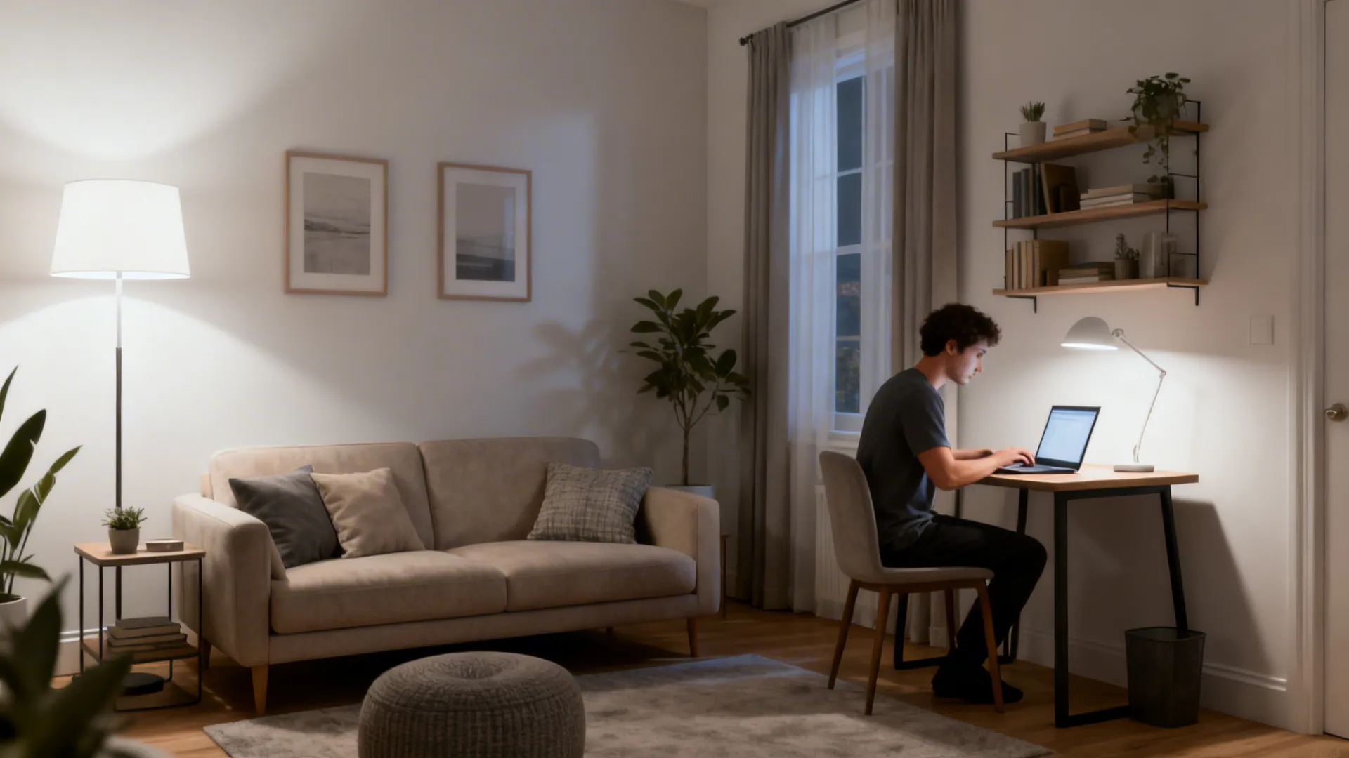 Small living room with 3000K soft white lighting showing balanced ambiance and a person working.