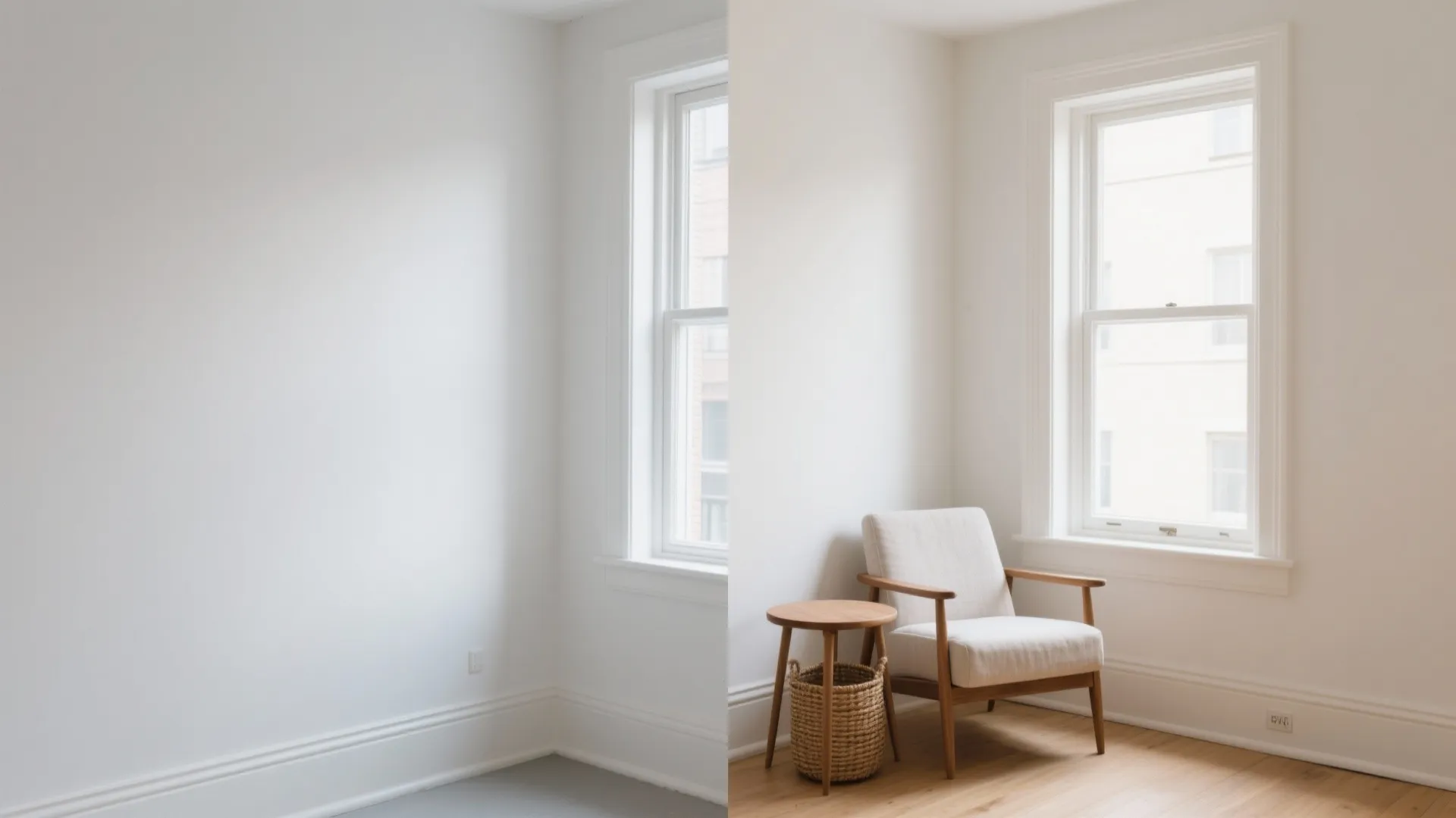 Before and after comparison of an empty white room next to a furnished reading corner