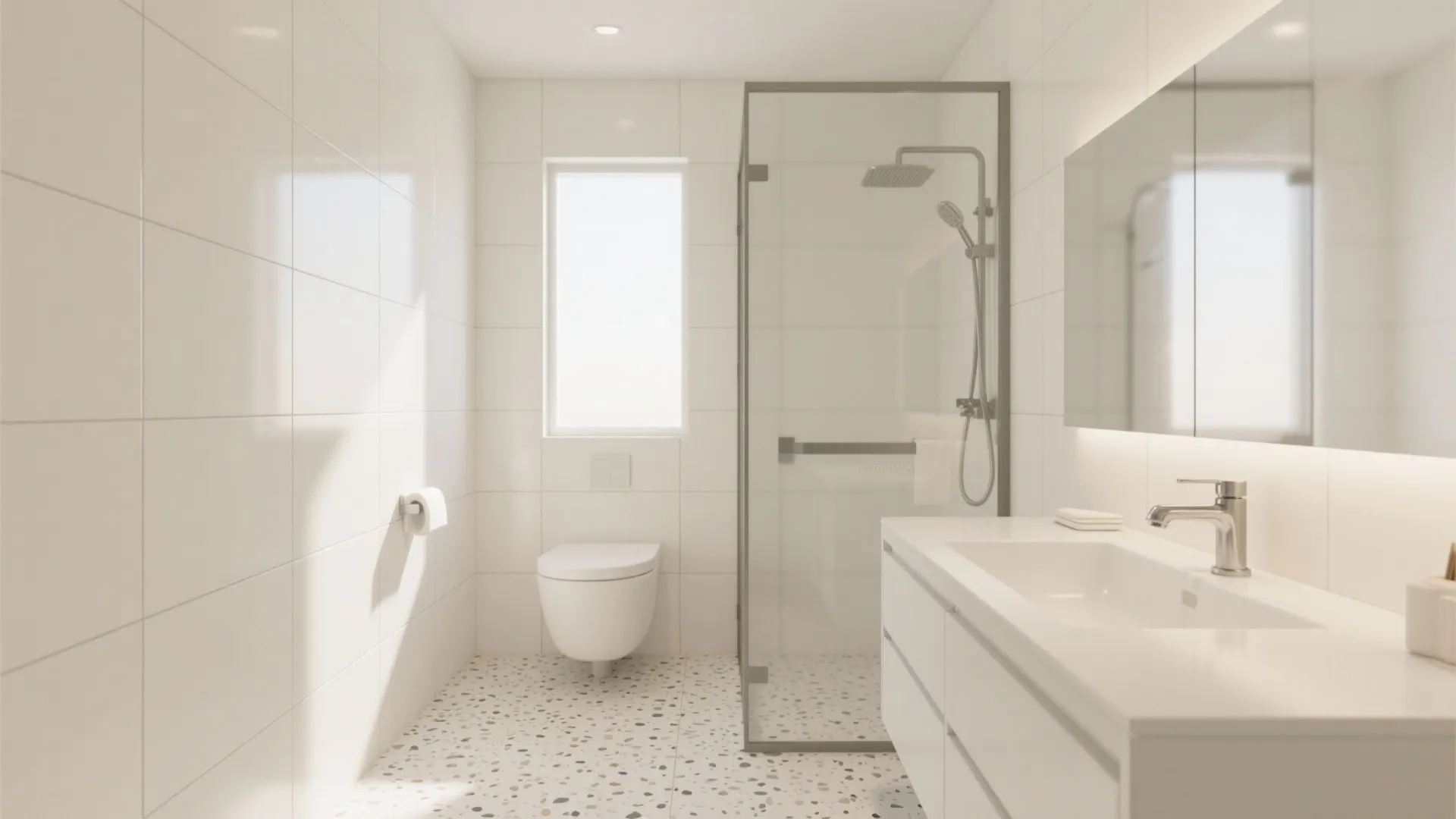 Bright white bathroom with marble patterned floor tiles glass shower box white cabinet and wall toilet