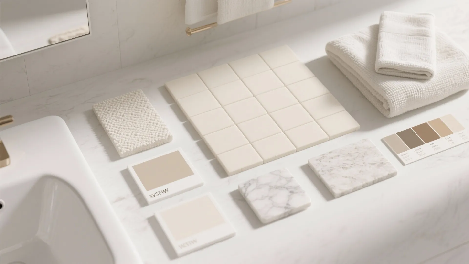 Material samples with white tiles, marble pieces, color swatches, and folded towels on a counter