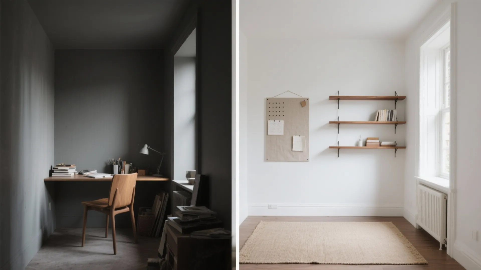 Before and after comparison of dark small study room and bright white home office with shelves