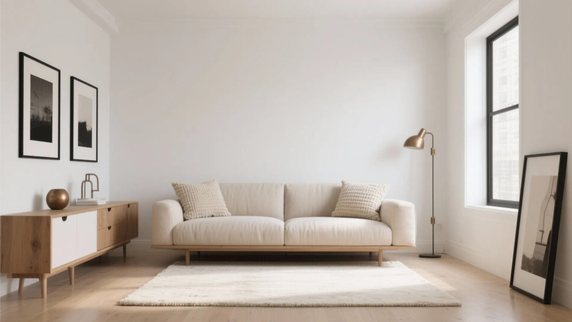 Modern cream sofa in white room with wooden cabinet metal floor lamp and large window view