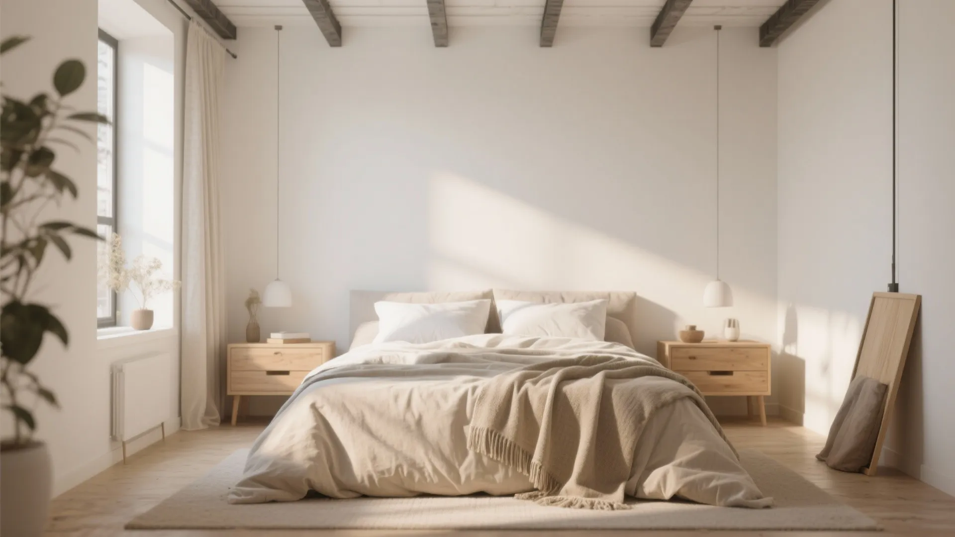 Loft bedroom in soft white and warm beige with textured layering
