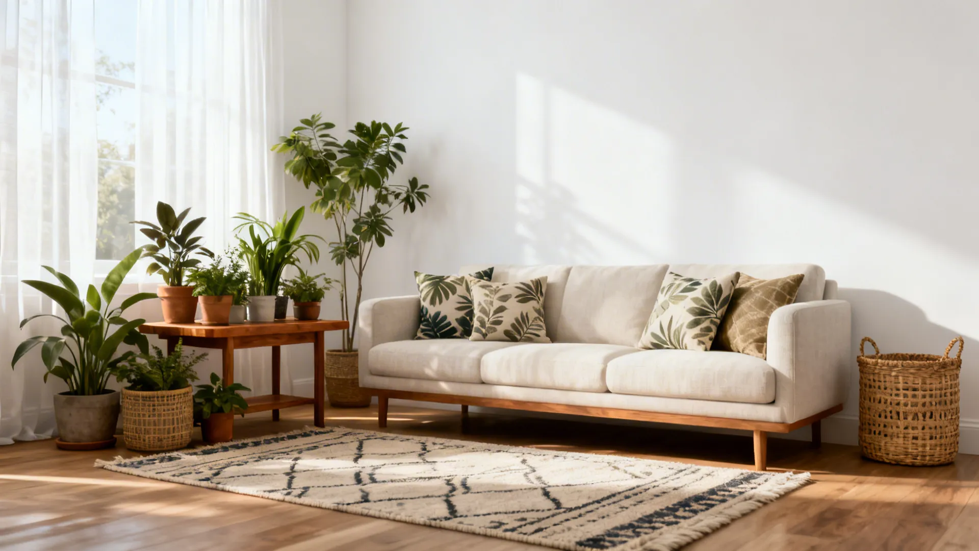Bright white living room with botanical cushions, potted plants, and warm wood accents