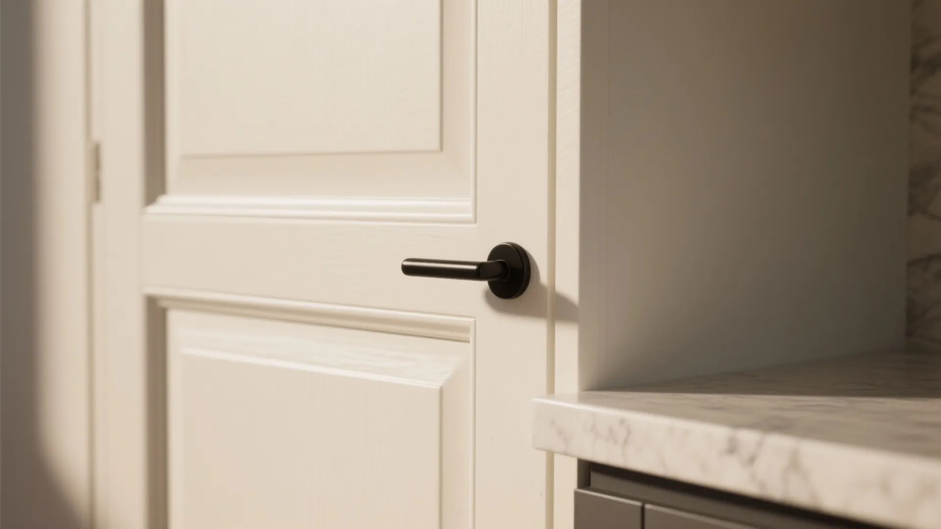 Close up of white wall panel door with black metal handle near a marble kitchen counter