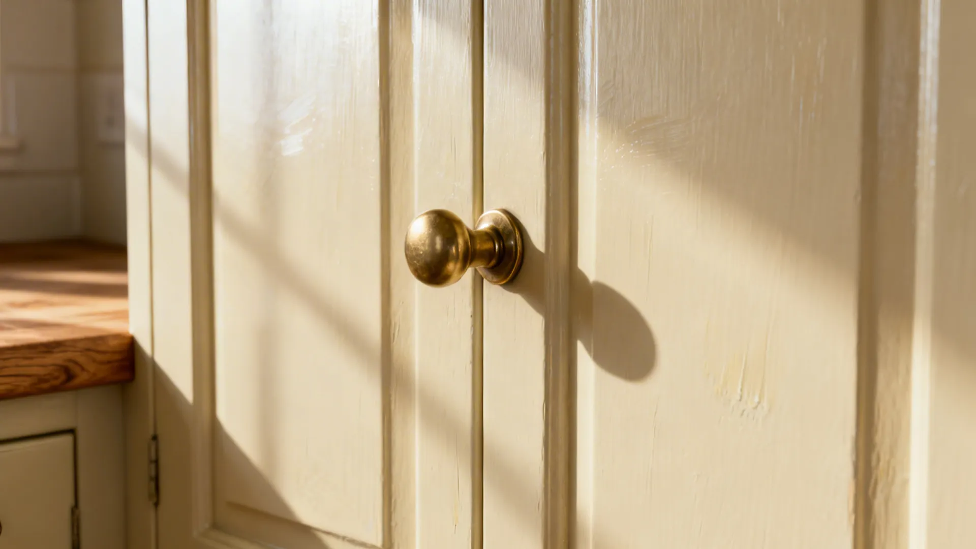 Close-up of a warm soft-white cabinet with brass knob and wood countertop
